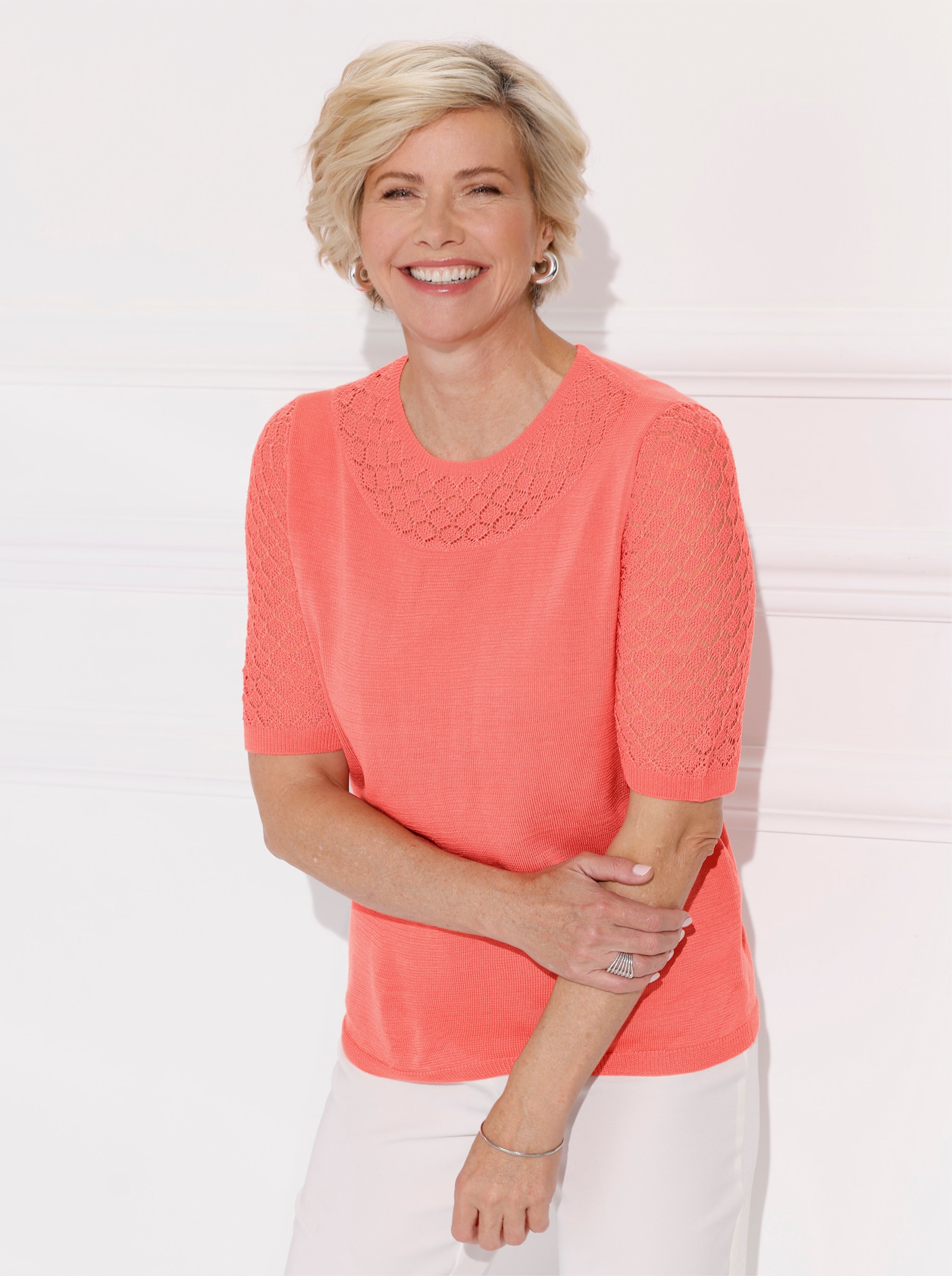 Ajourpullover met ribboorden - flamingo