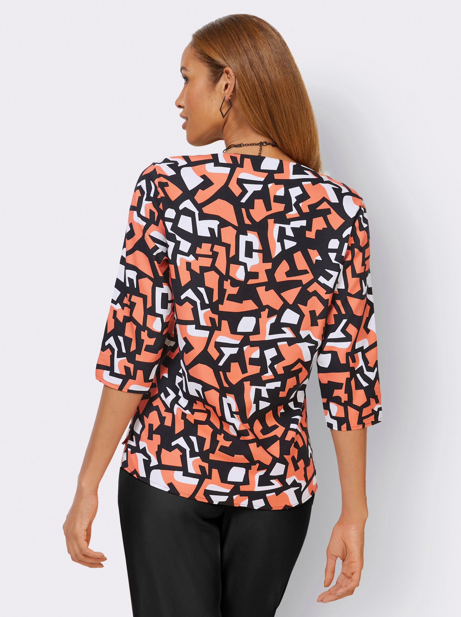 Druckbluse mit Falten am Ausschnitt - papaya-schwarz-bedruckt