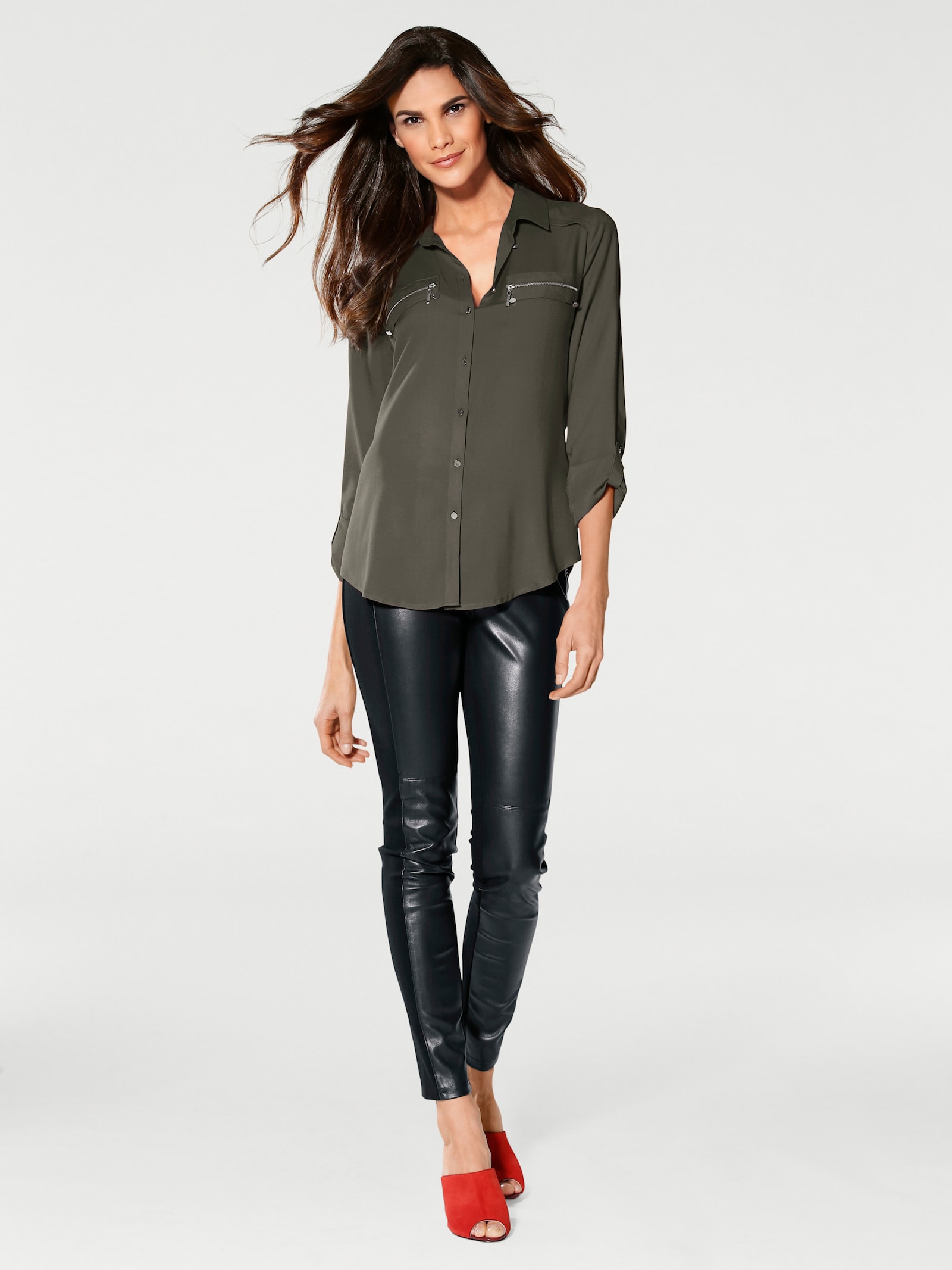 heine Langarm-Bluse mit Zierreißverschlüssen - khaki