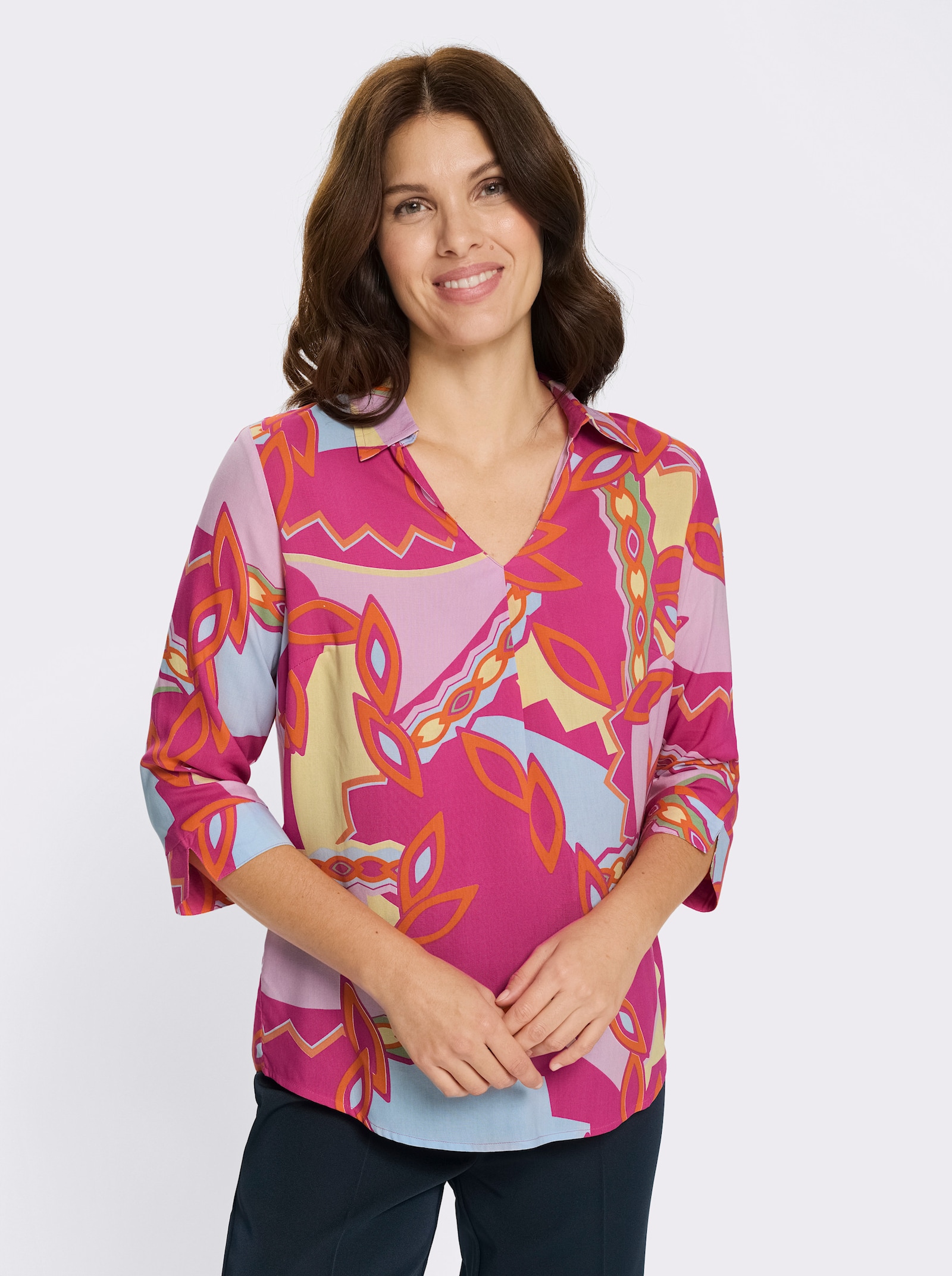 Schlupfbluse mit 3/4-Ärmel - fuchsia-zitrone-bedruckt