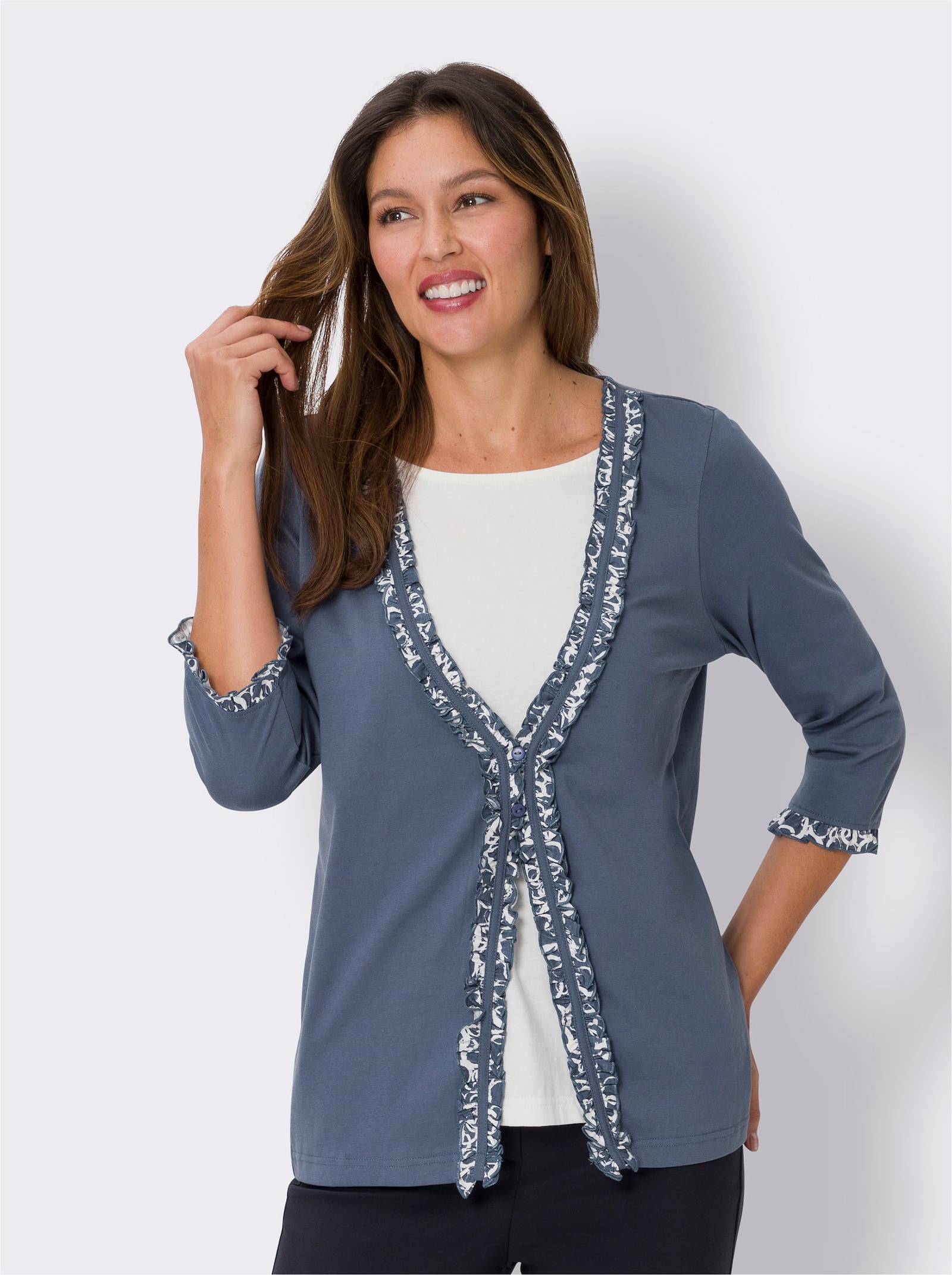 2-in-1-shirt met ruches - rookblauw/ecru