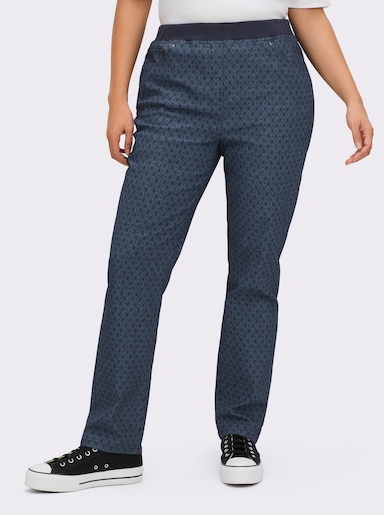 Schlupfjeans mit geripptem Strick-Dehnbund - dark blue-bedruckt