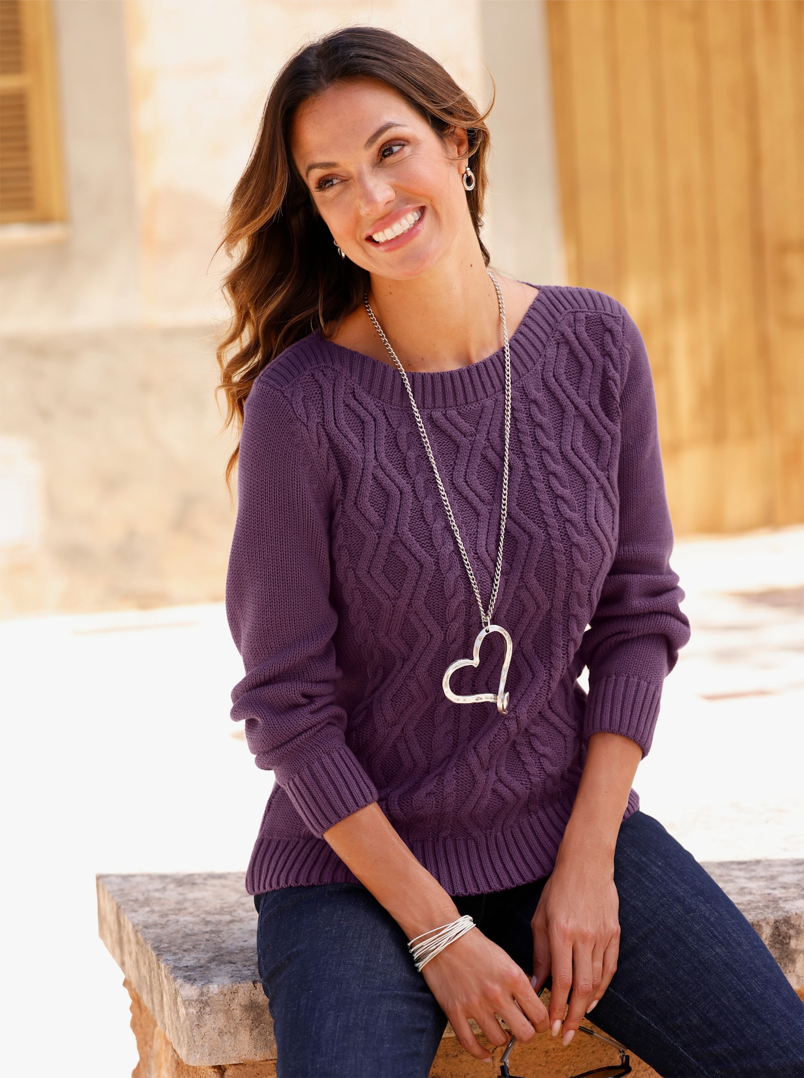 Pullover mit Zopfmuster-Mix vorne - traube