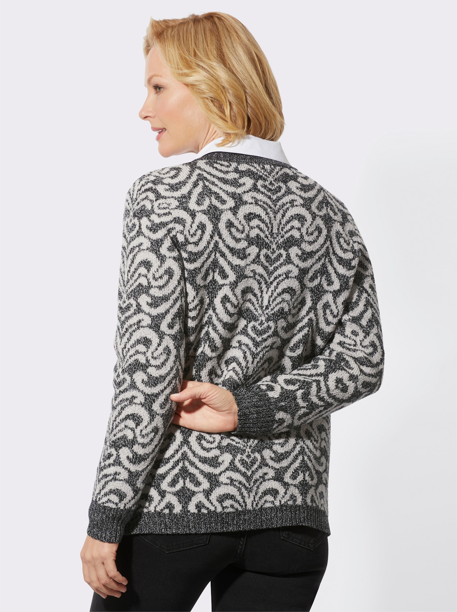 Strickjacke in Bouclé-Qualität - schwarz-hellgrau-gemustert