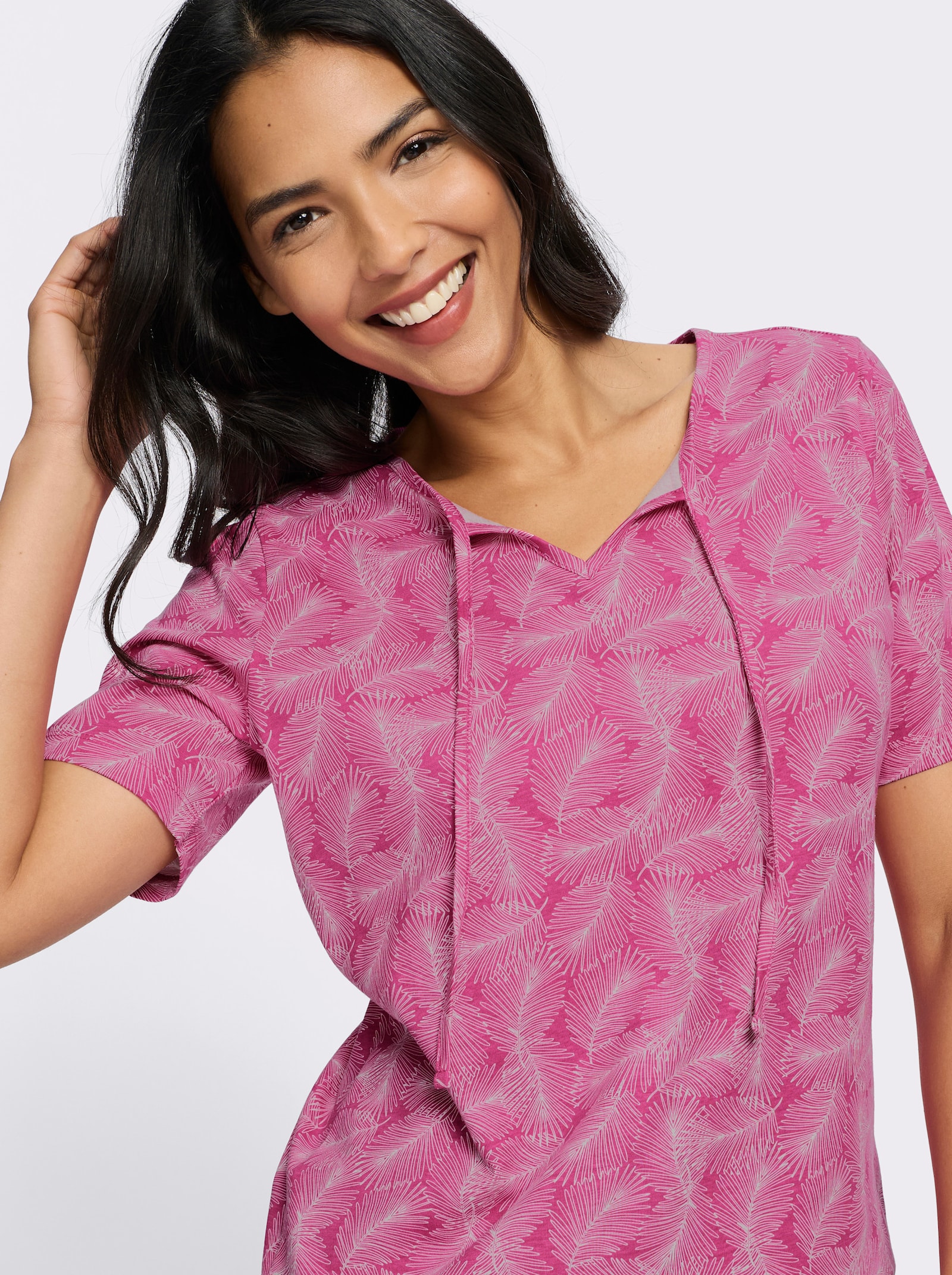 Kurzarmshirt mit Bindeband - fuchsia-ecru-bedruckt