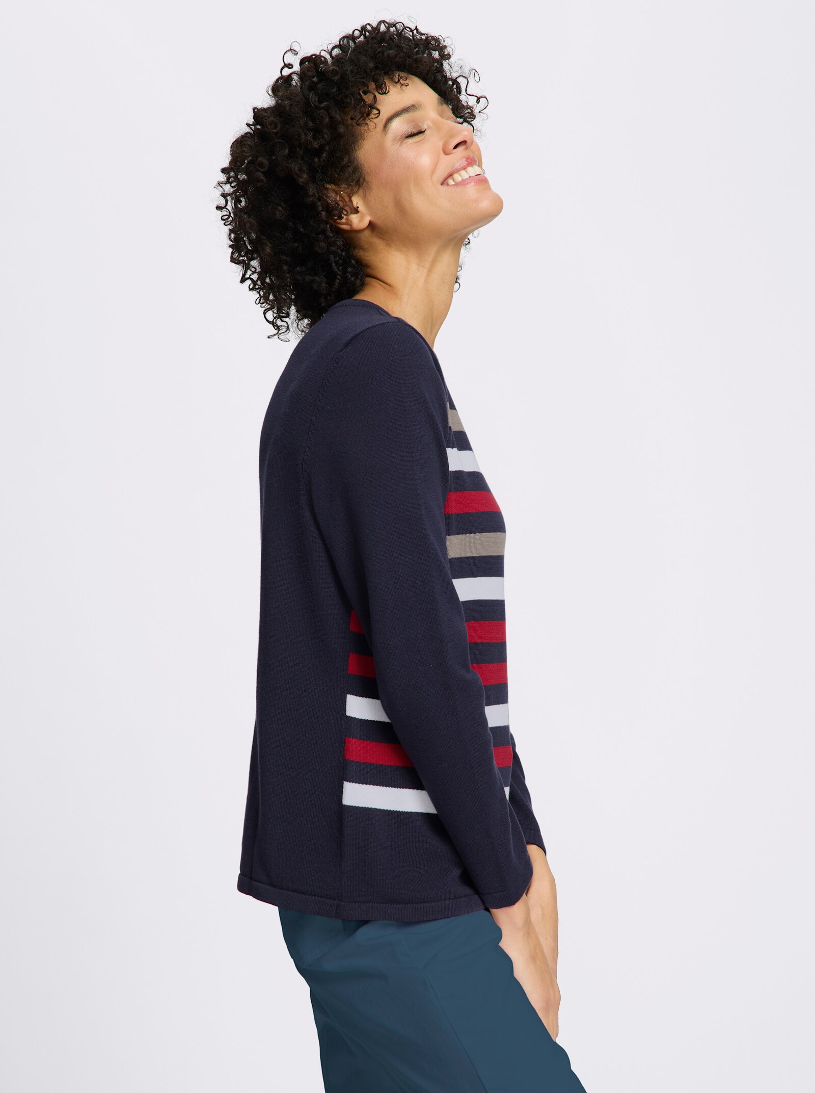 Rundhalspullover aus reiner Baumwoll - marine-rot-geringelt