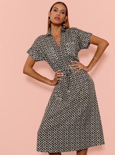 Webkleid mit Brust-Pattentaschen - schwarz-sand-bedruckt