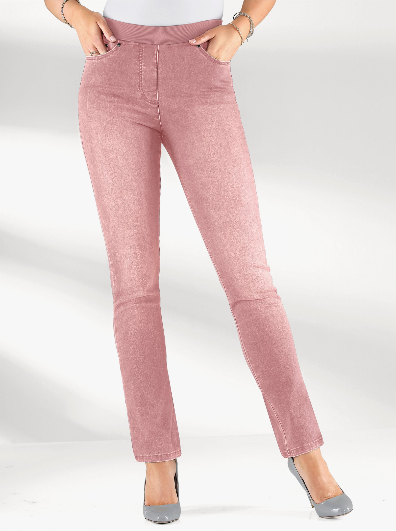Comfortjeans met geribde comfortband van tricot - roze