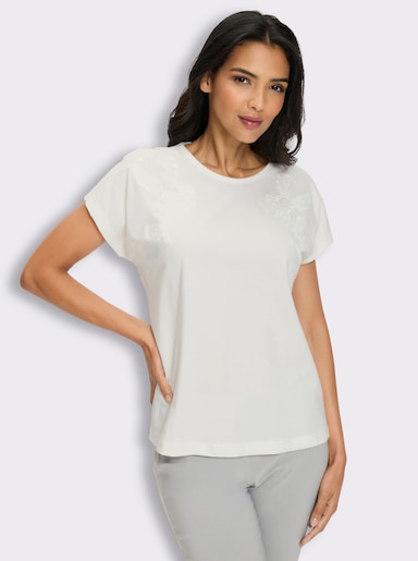 Kurzarmshirt mit Blumen-Stickerei - ecru