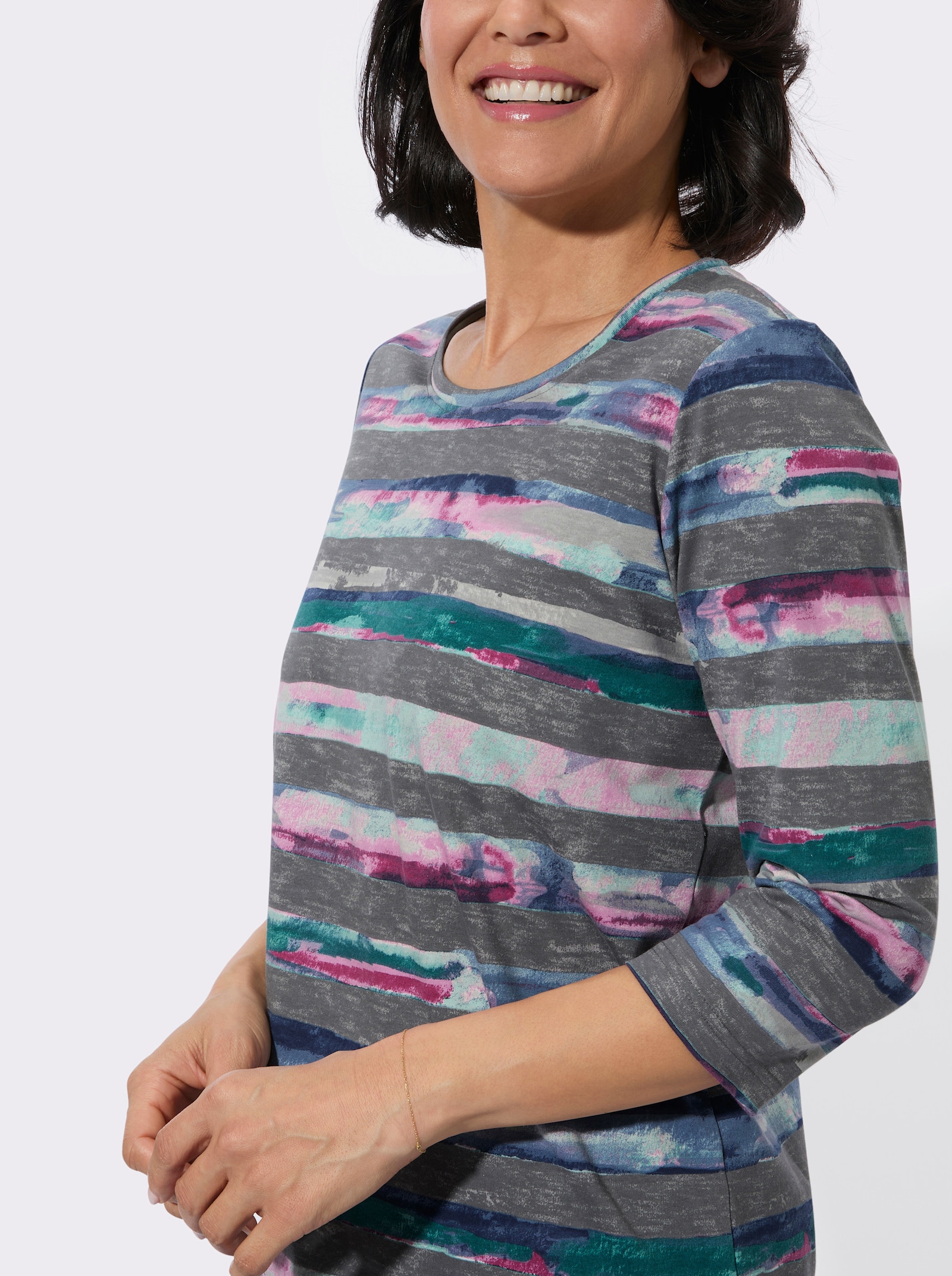 Rundhalsshirt im Ringel-Druckmuster - steingrau-aquapetrol-bedruckt