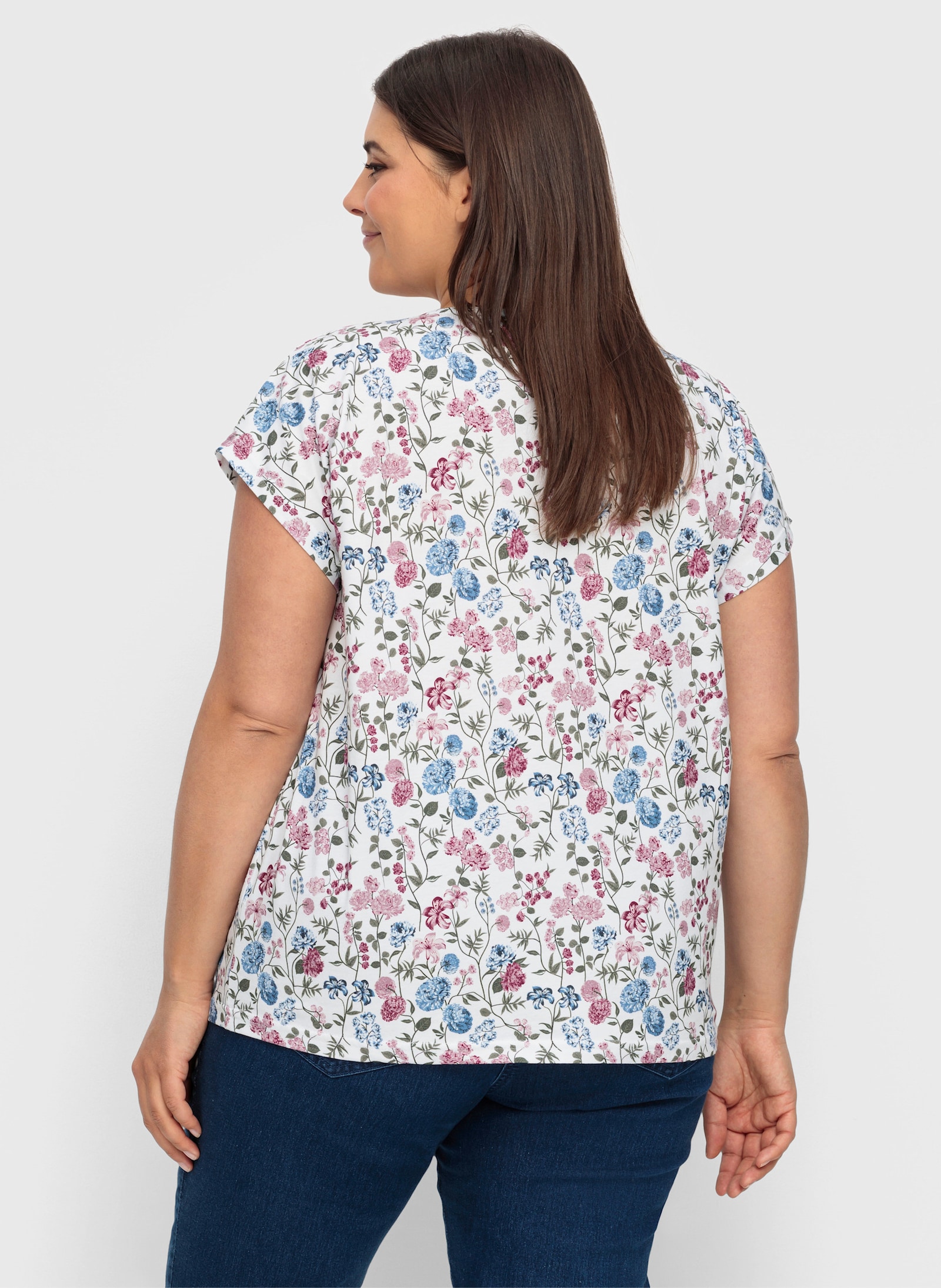 Kurzarmshirt mit überschnittenen Schultern - weiß-bedruckt