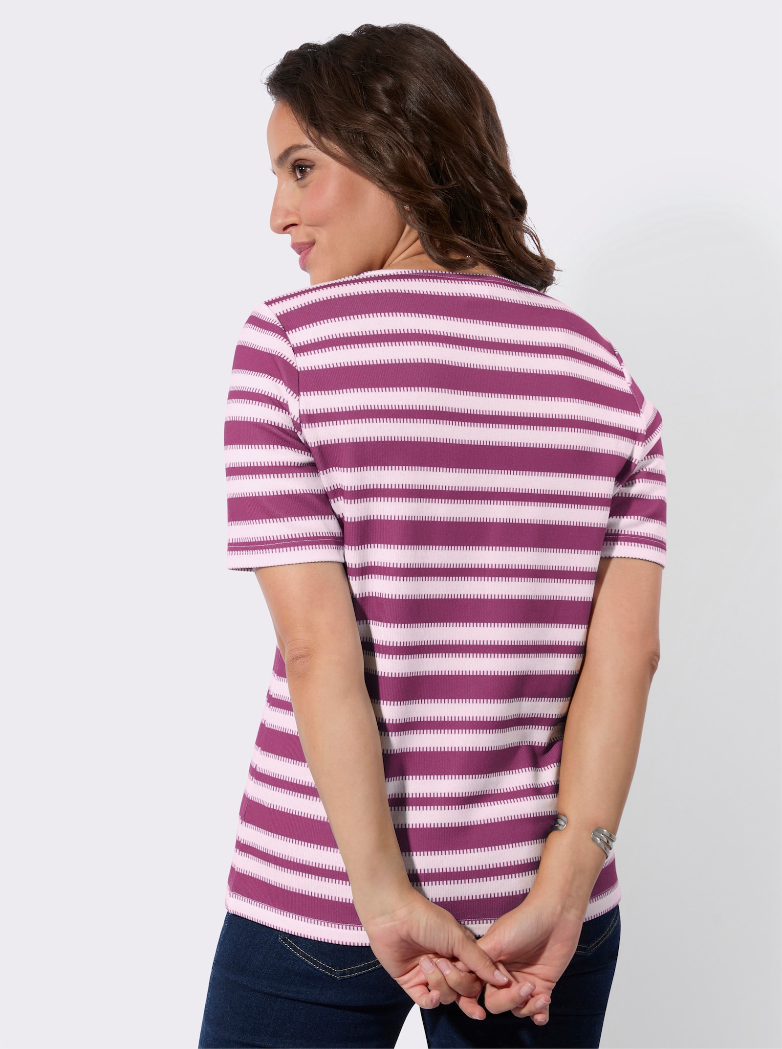 Kurzarmshirt in innen angerauter Qualität - violett-weiß-geringelt