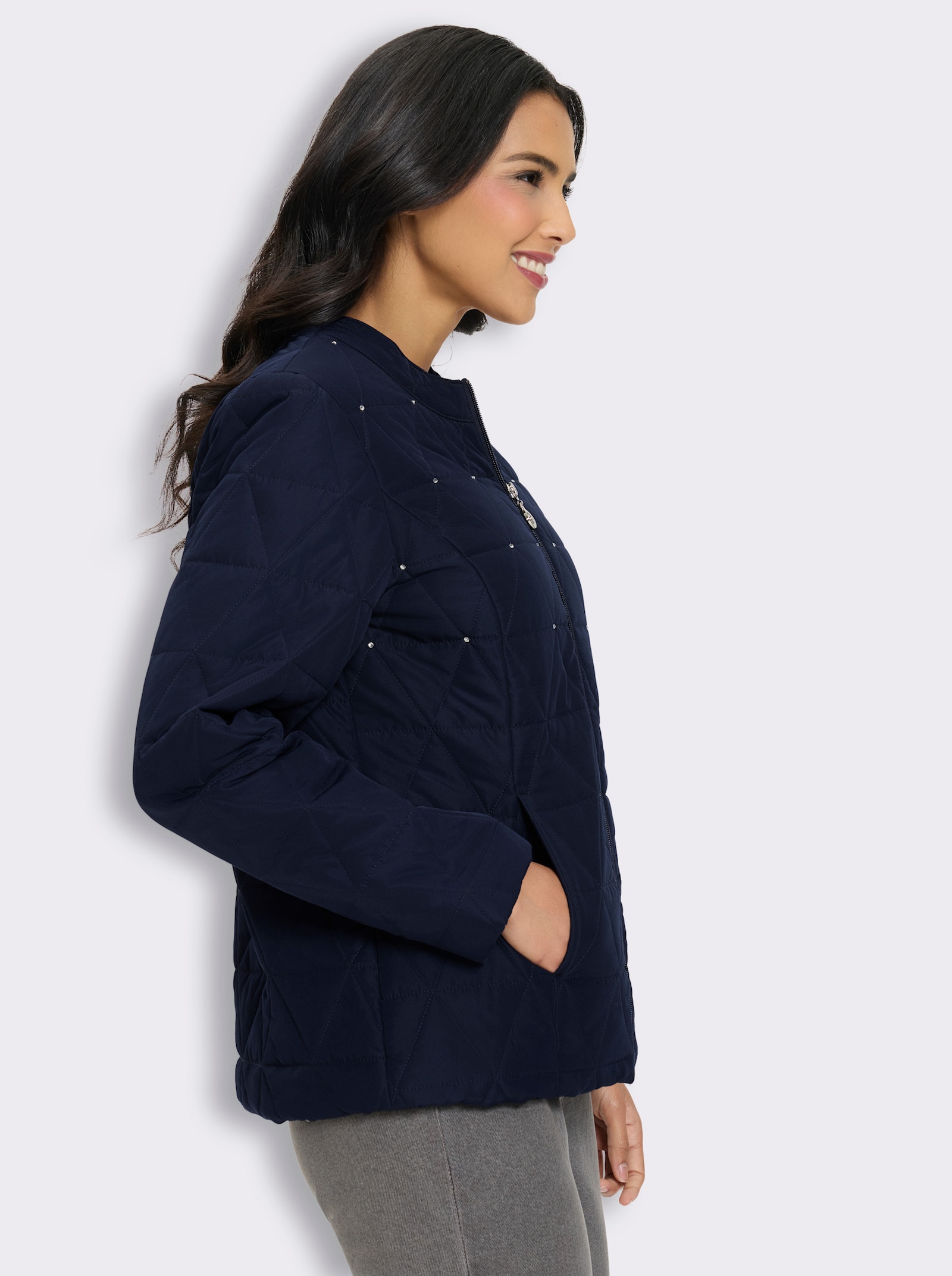 Steppjacke Rautenstepp-Muster mit Glitzersteinchen - marine
