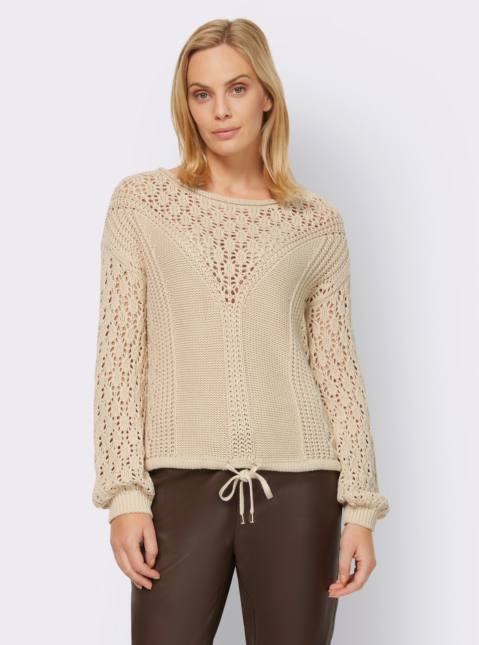 heine Pullover met ronde hals en breipatroon - zand