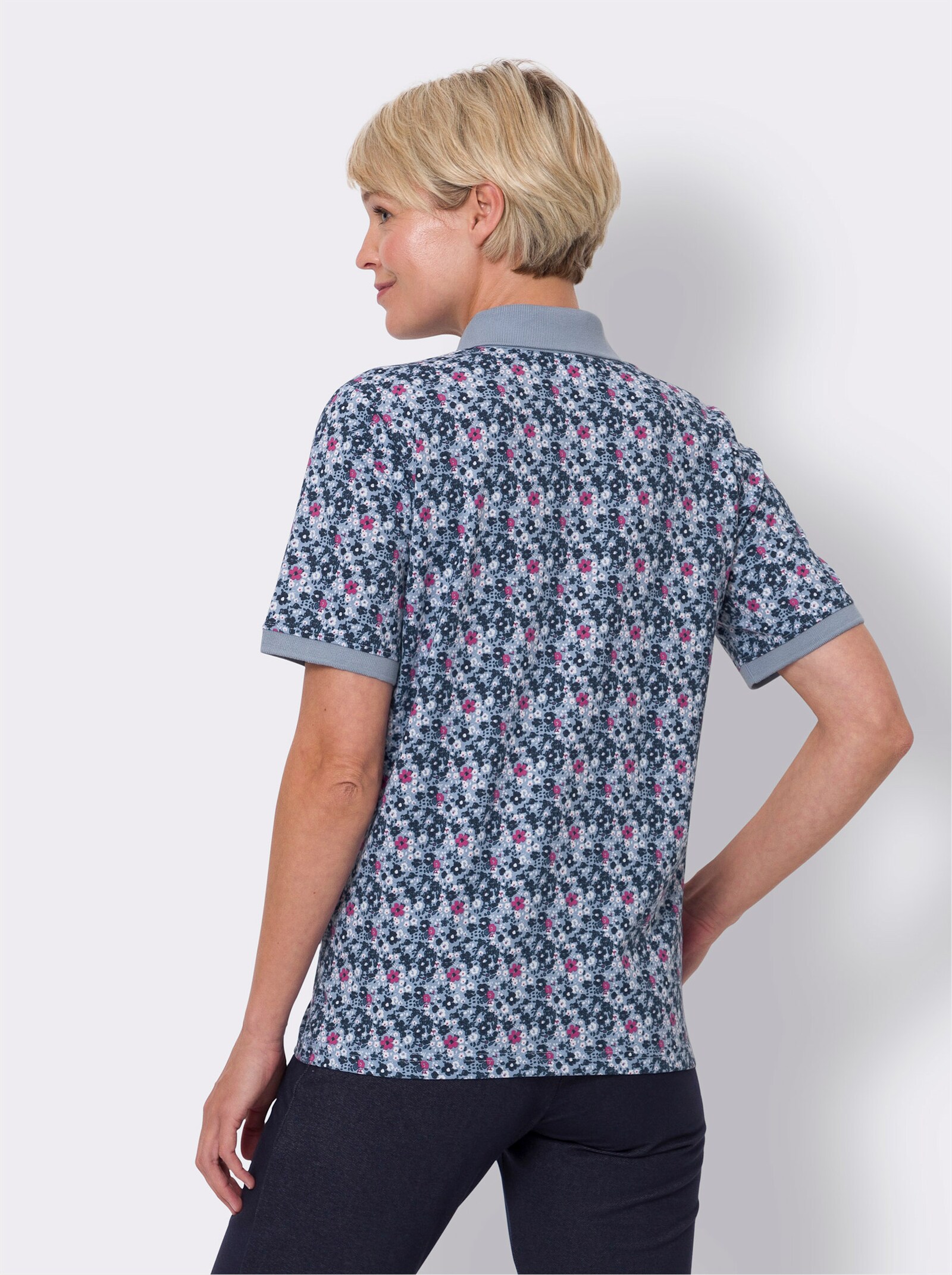 Polokošile s drobným květinovým vzorem - modrá-fuchsiová-potisk