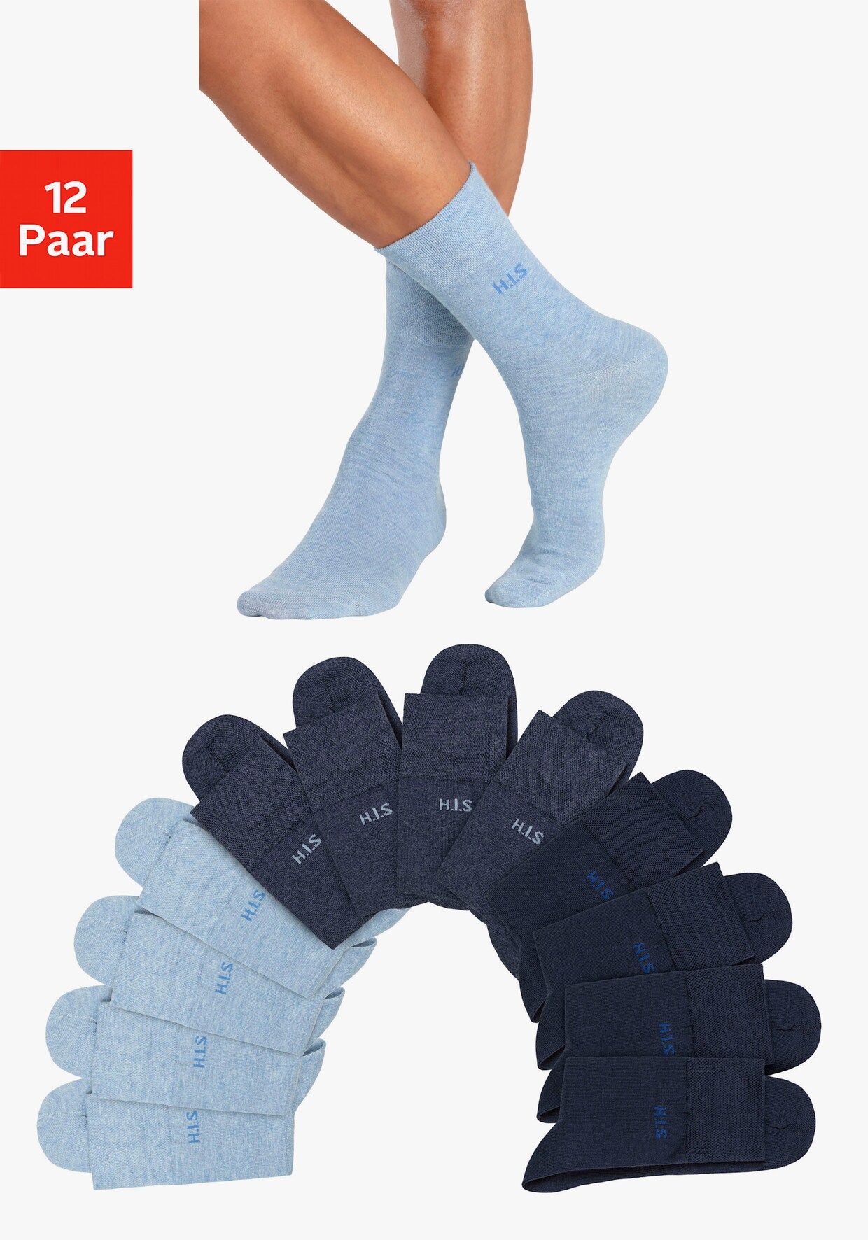 H.I.S Socken - 4x navy, 4x jeansblau-meliert, 4x dunkel jeans-meliert