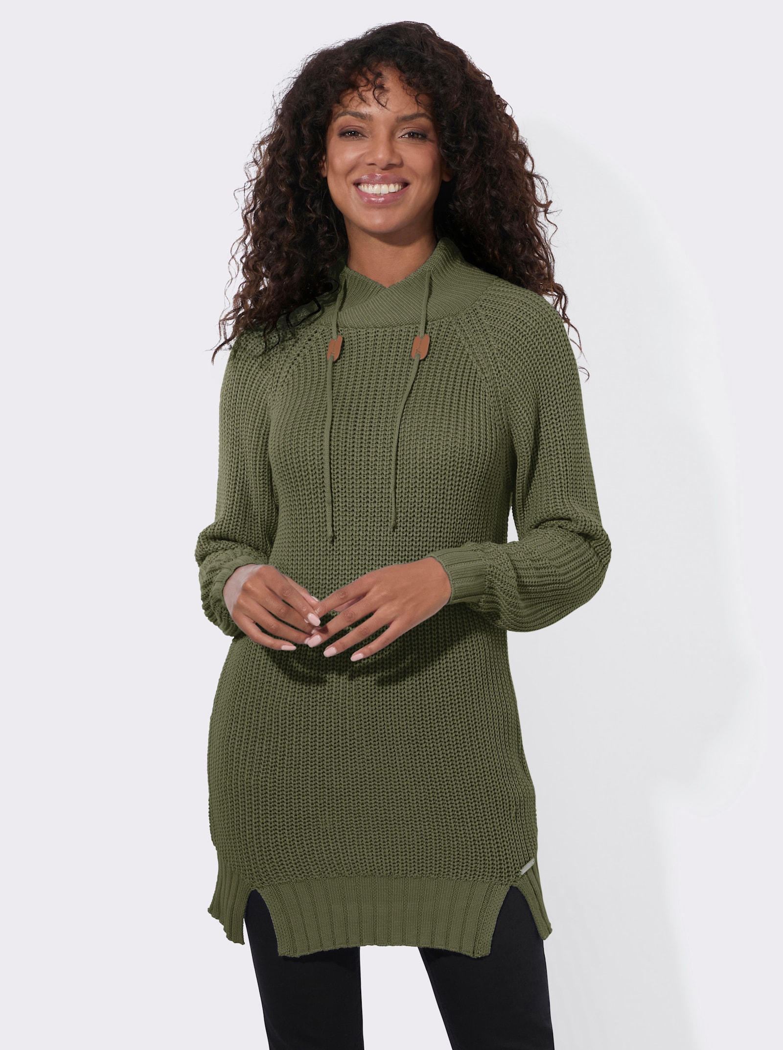 Longpullover mit Rippabschlüssen - khaki