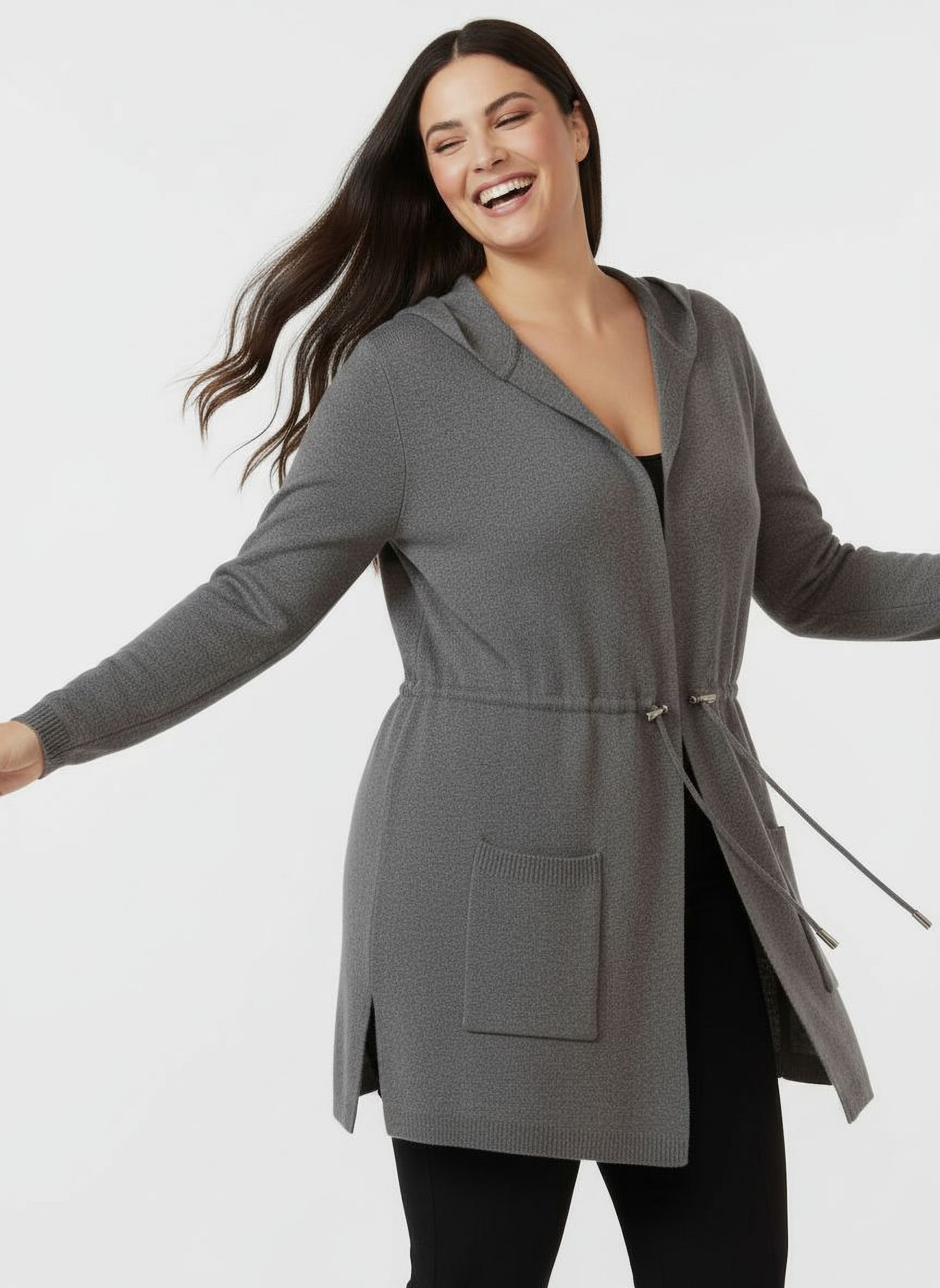 Kapuzenstrickjacke mit Tunnelzug in der Taille - anthrazit-meliert