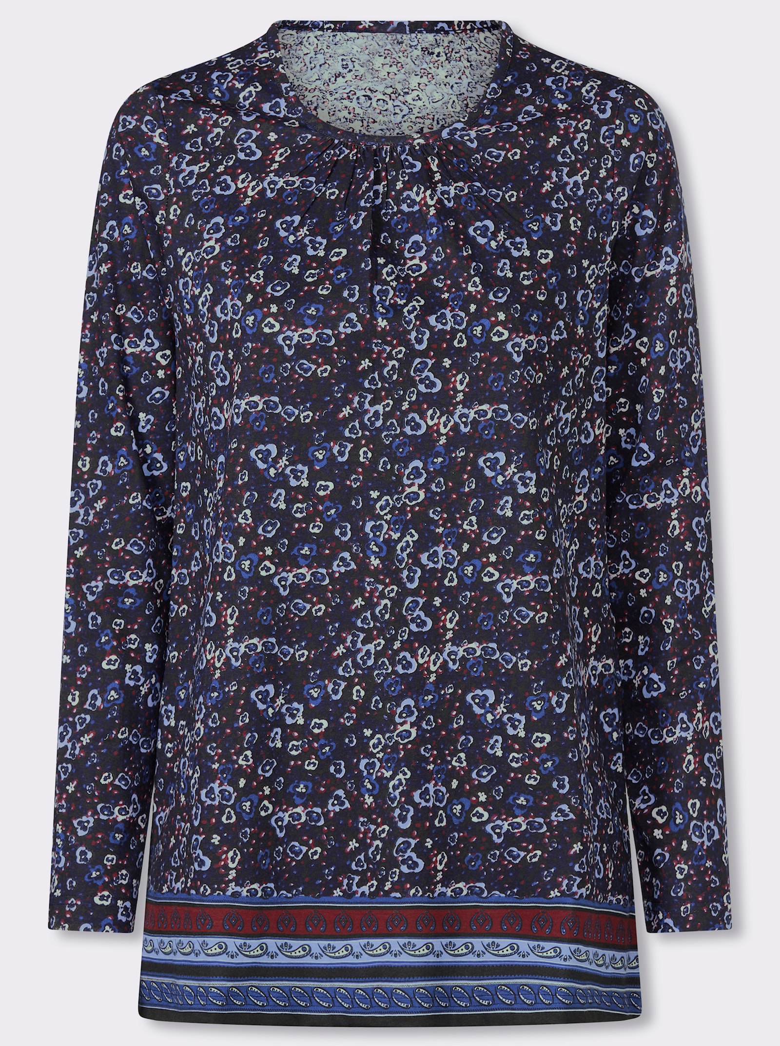 Longshirt mit Bordüren-Druck am Saum - schwarz-royalblau-bedruckt