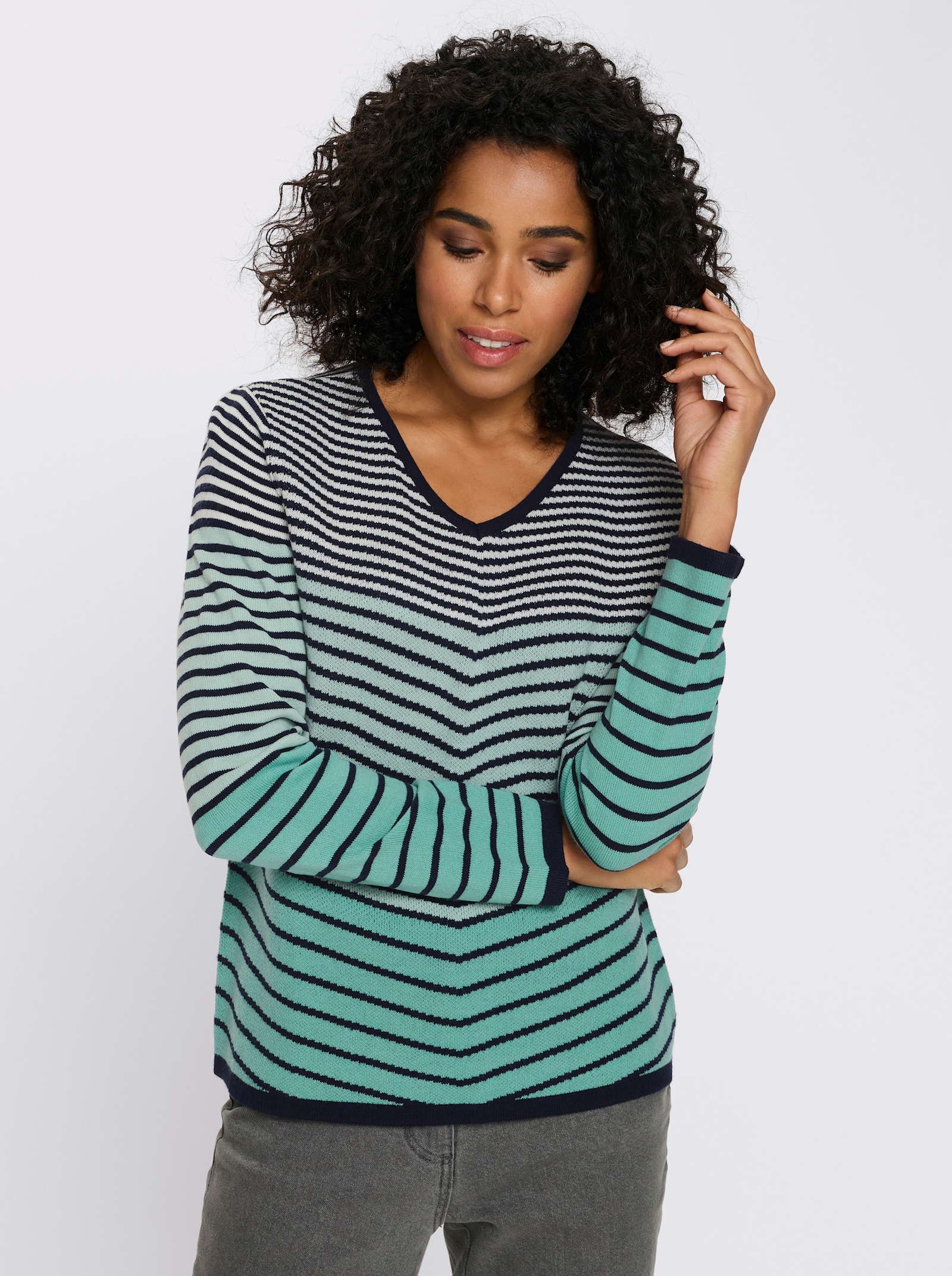 Langarm-Pullover mit Ringel-Muster, Jacquard - salbei-marine-geringelt