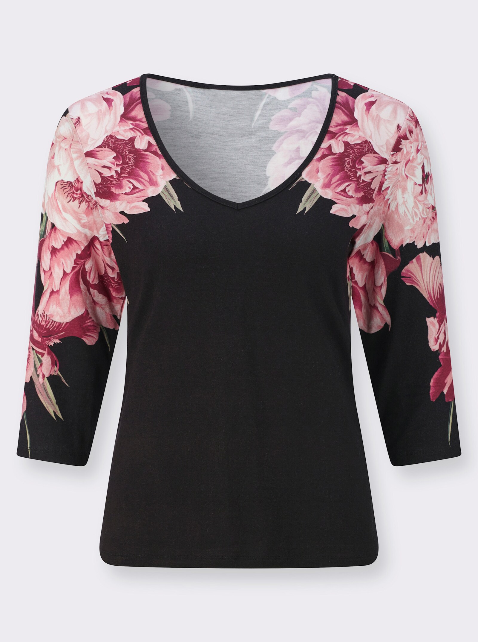 3/4-Arm-Shirt mit Blütendruck - schwarz-hortensie-bedruckt