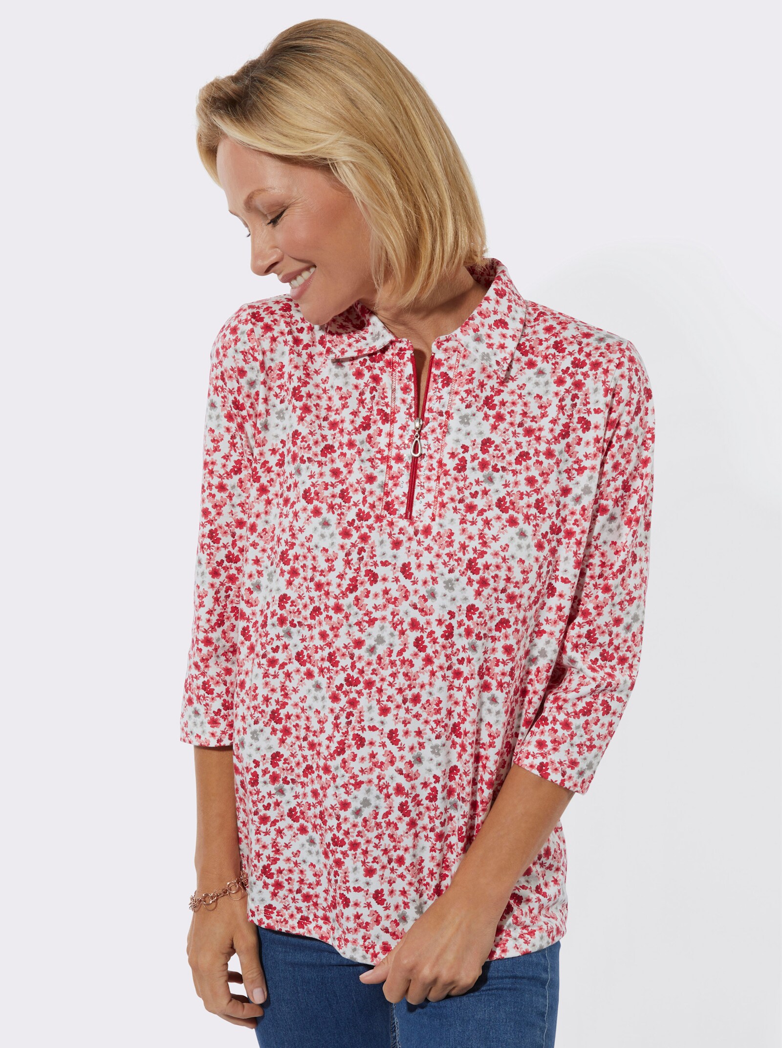 Poloshirt mit Glitzersteinchen - rot-ecru-bedruckt