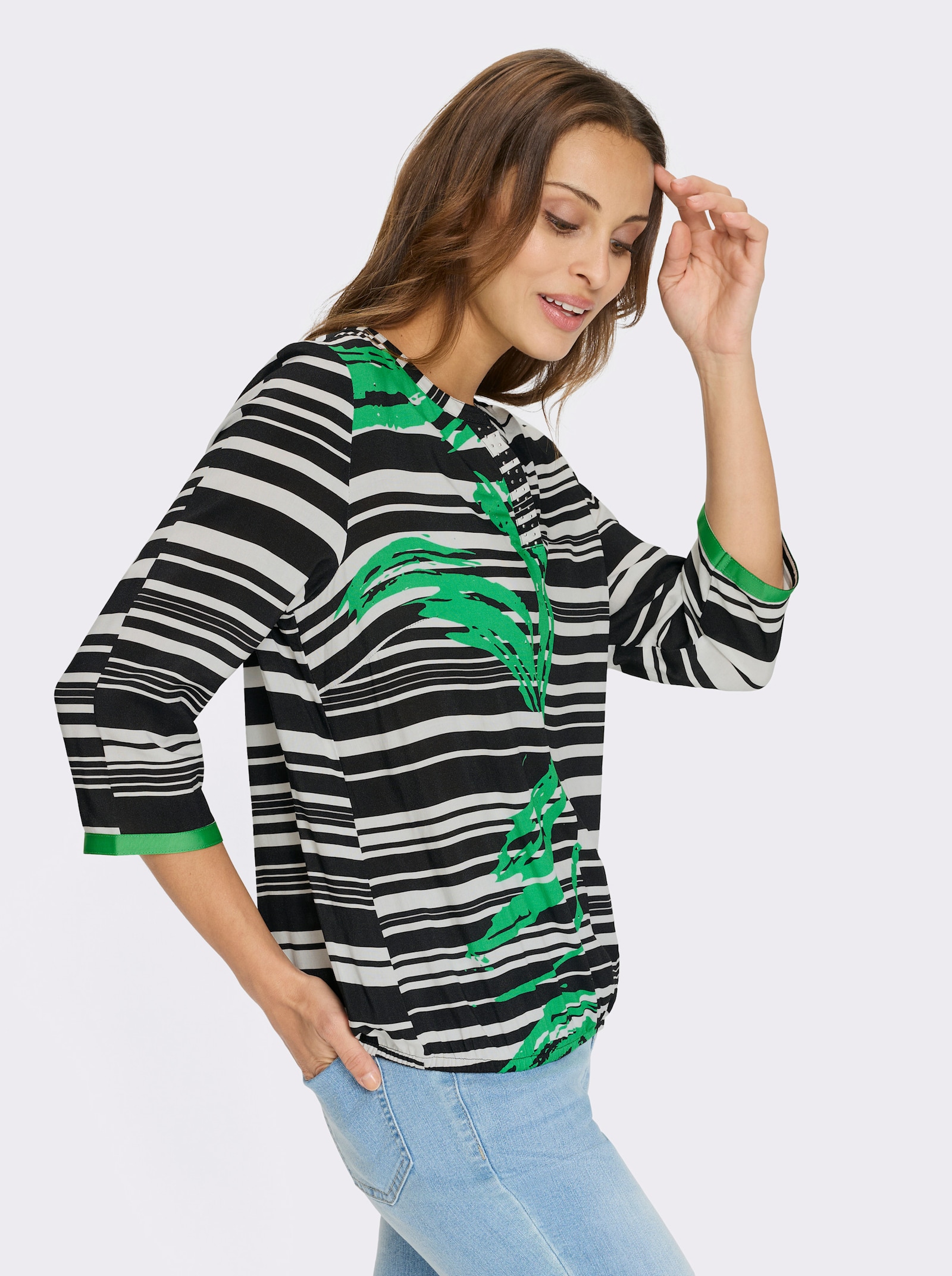 Schlupfbluse mit Gummizug am Saum - weiß-grasgrün-bedruckt