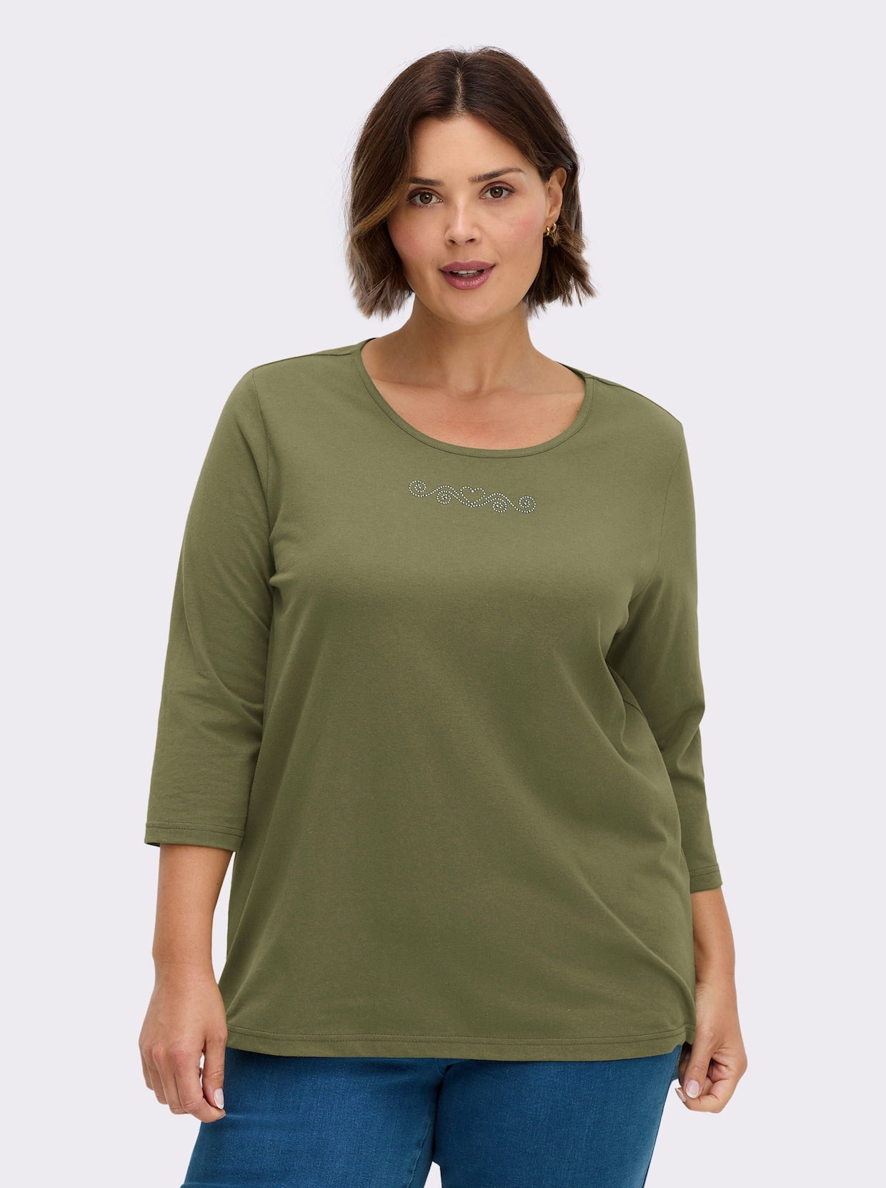 3/4-Arm-Shirt mit Ziersteinchen - oliv