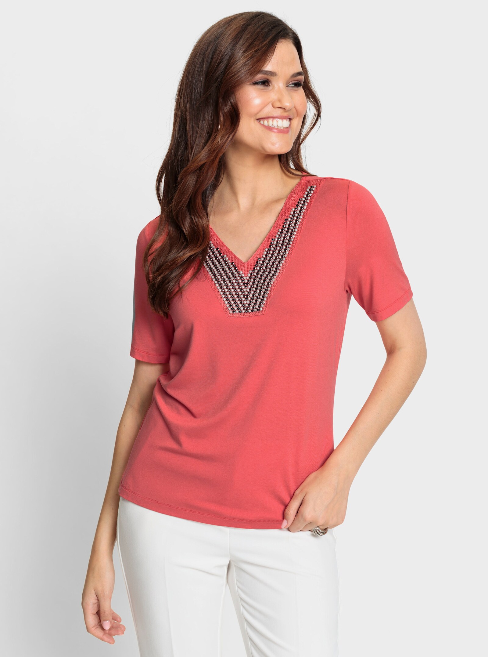 Kurzarmshirt mit Zierperlen-Applikation - grapefruit