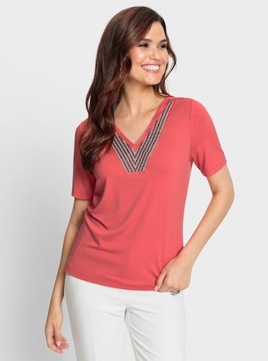 Kurzarmshirt mit Zierperlen-Applikation - grapefruit