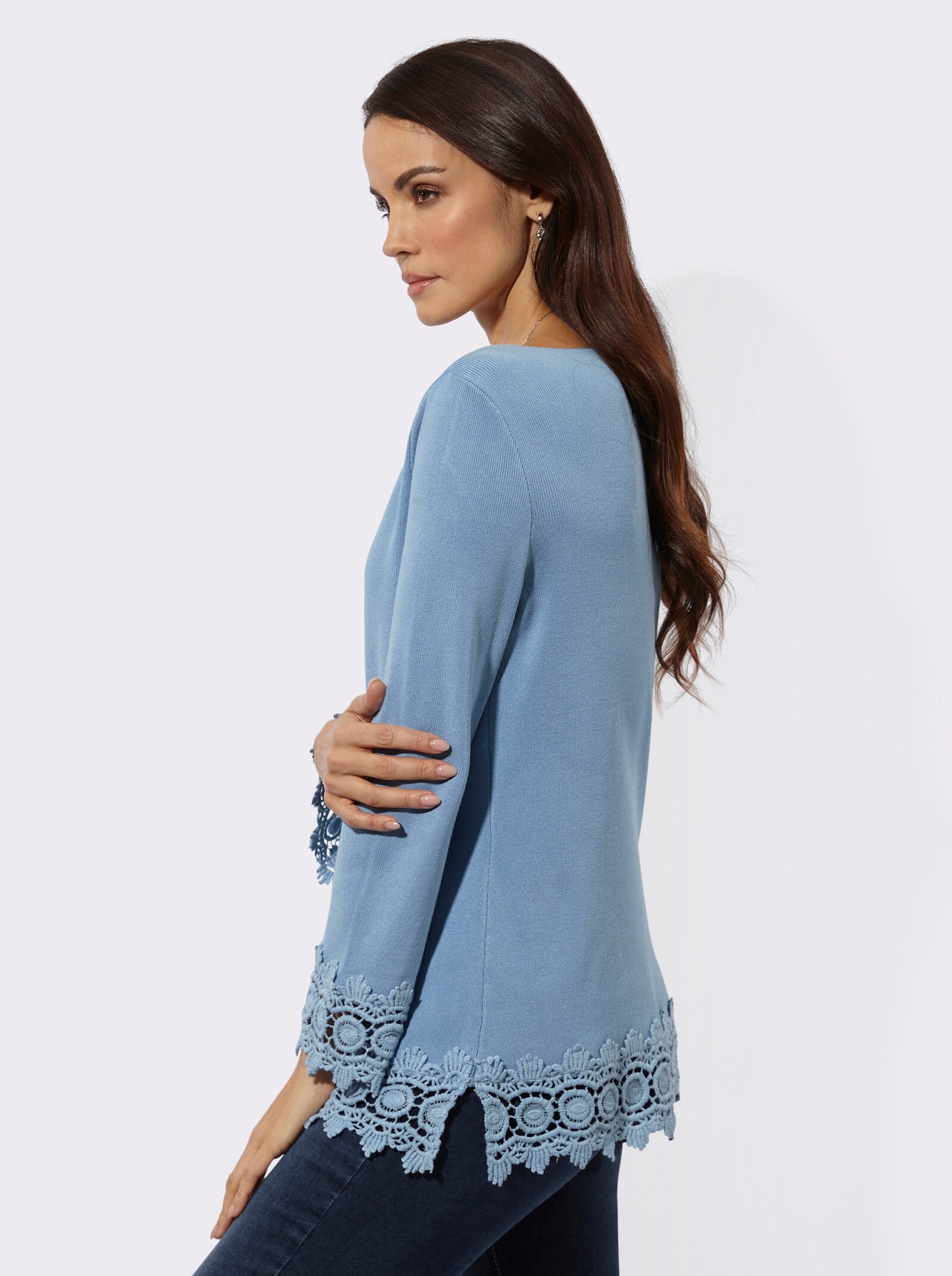 Langarm-Pullover mit Spitzenbordüre - eisblau
