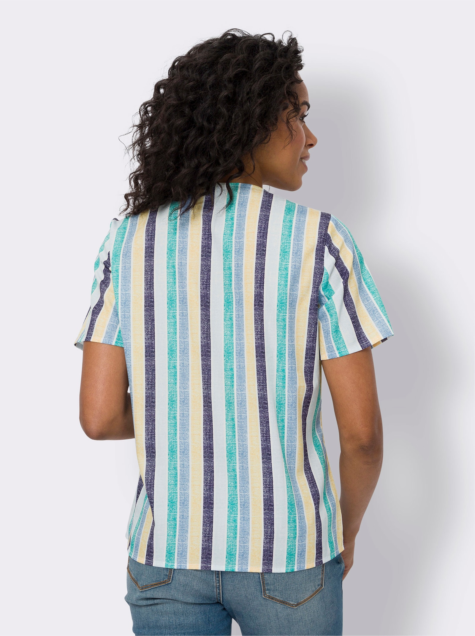 Blouse met korte mouwen in streepdessin - middenblauw/geel gestreept