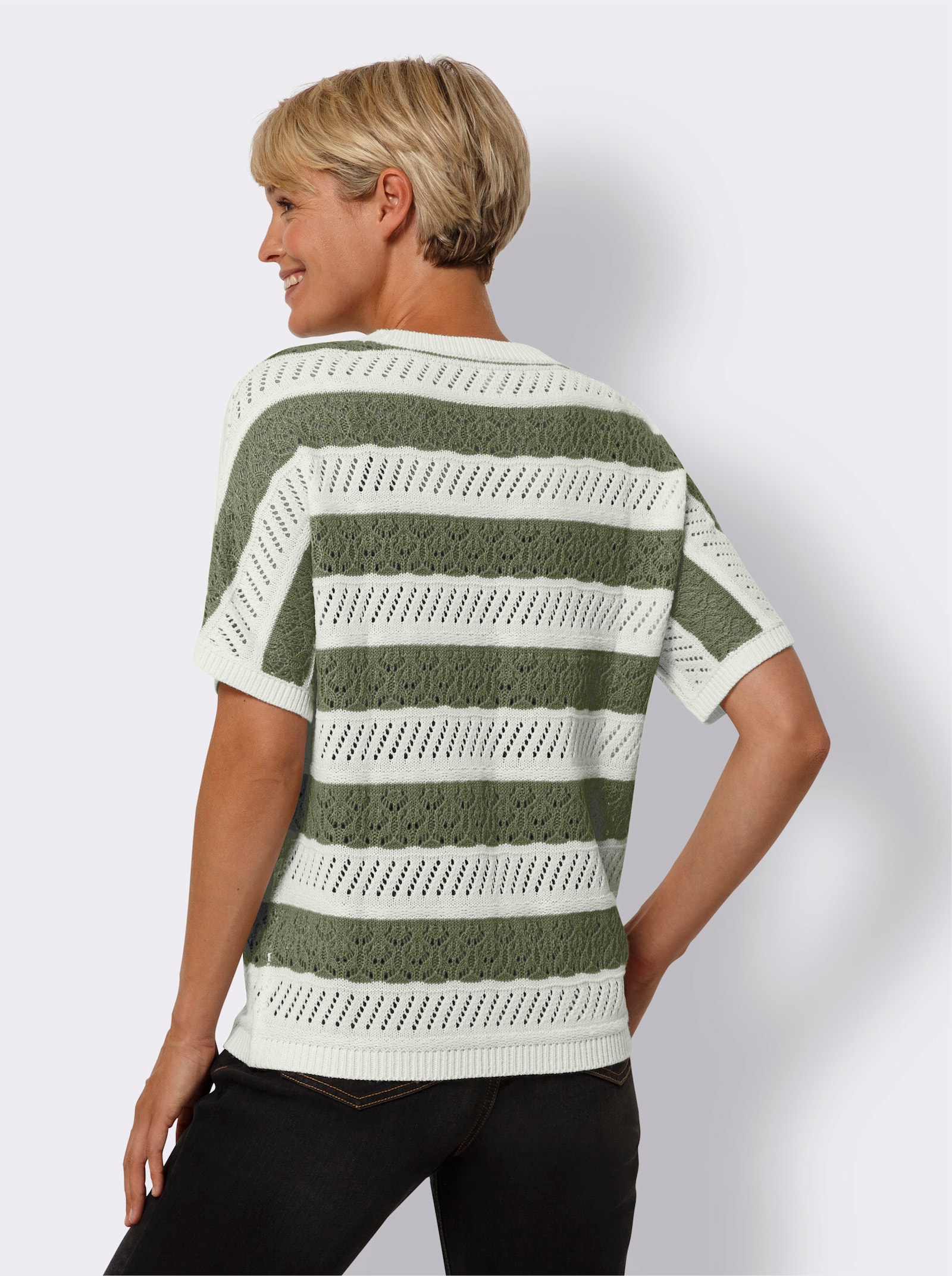 Randig tröja med hålmönster - khaki-gräddvit