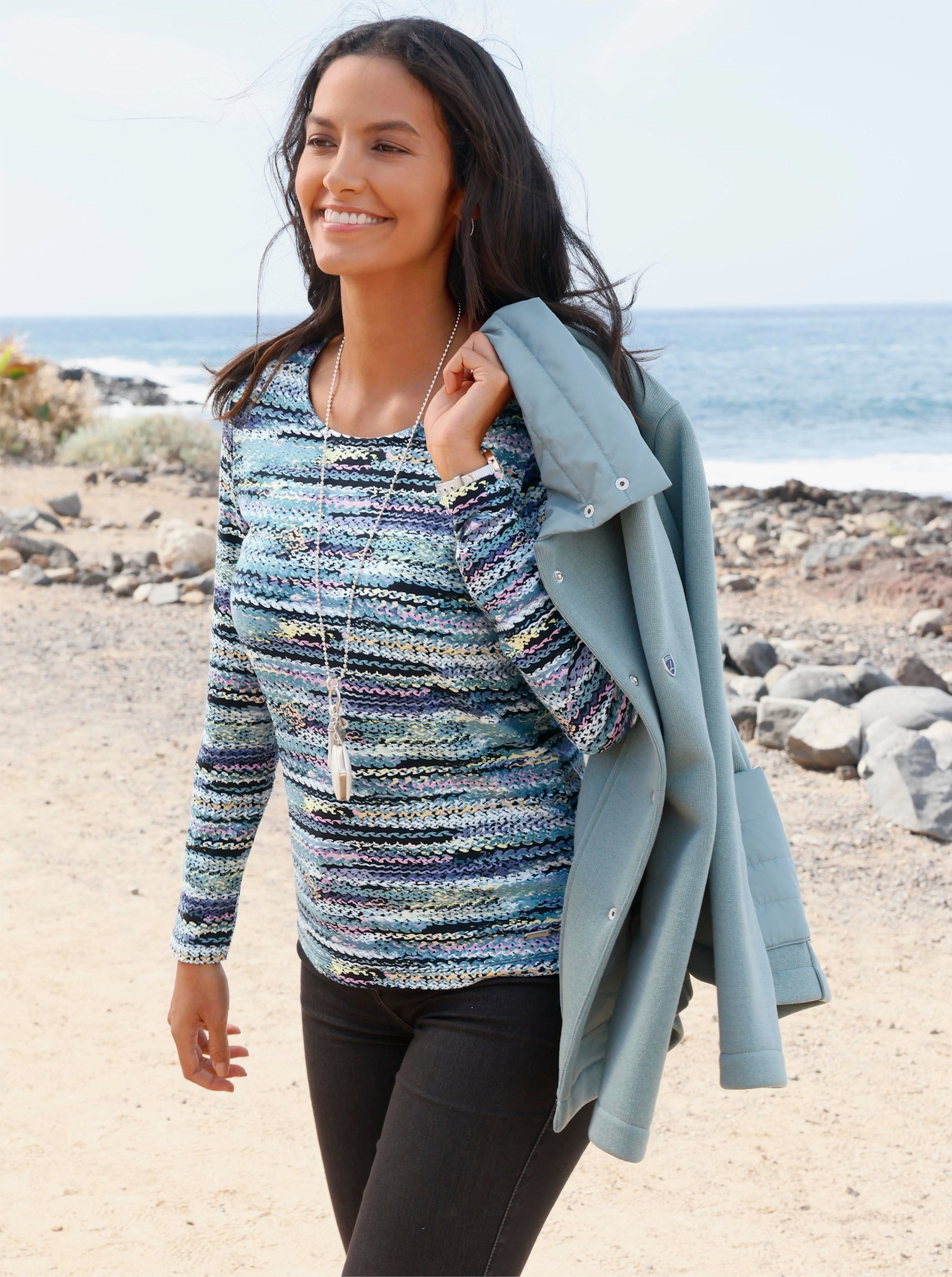 Rundhalsshirt - orchidee-rauchblau-bedruckt