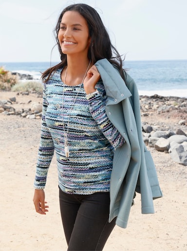 Rundhalsshirt - orchidee-rauchblau-bedruckt