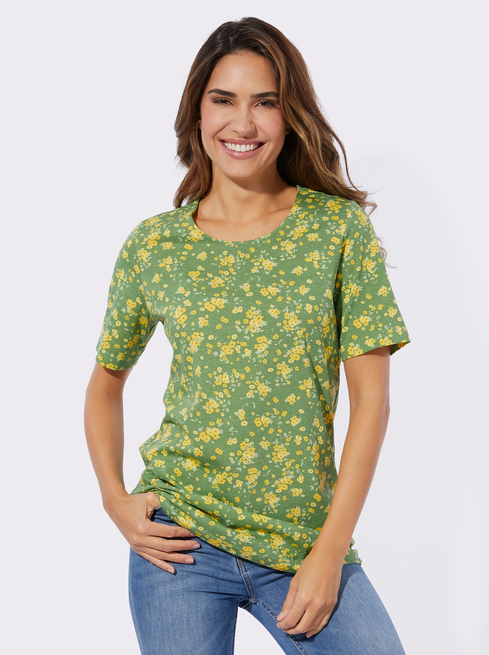 Shirt met korte mouwen in millefleurs-dessin - eucalyptus/citroen bedrukt