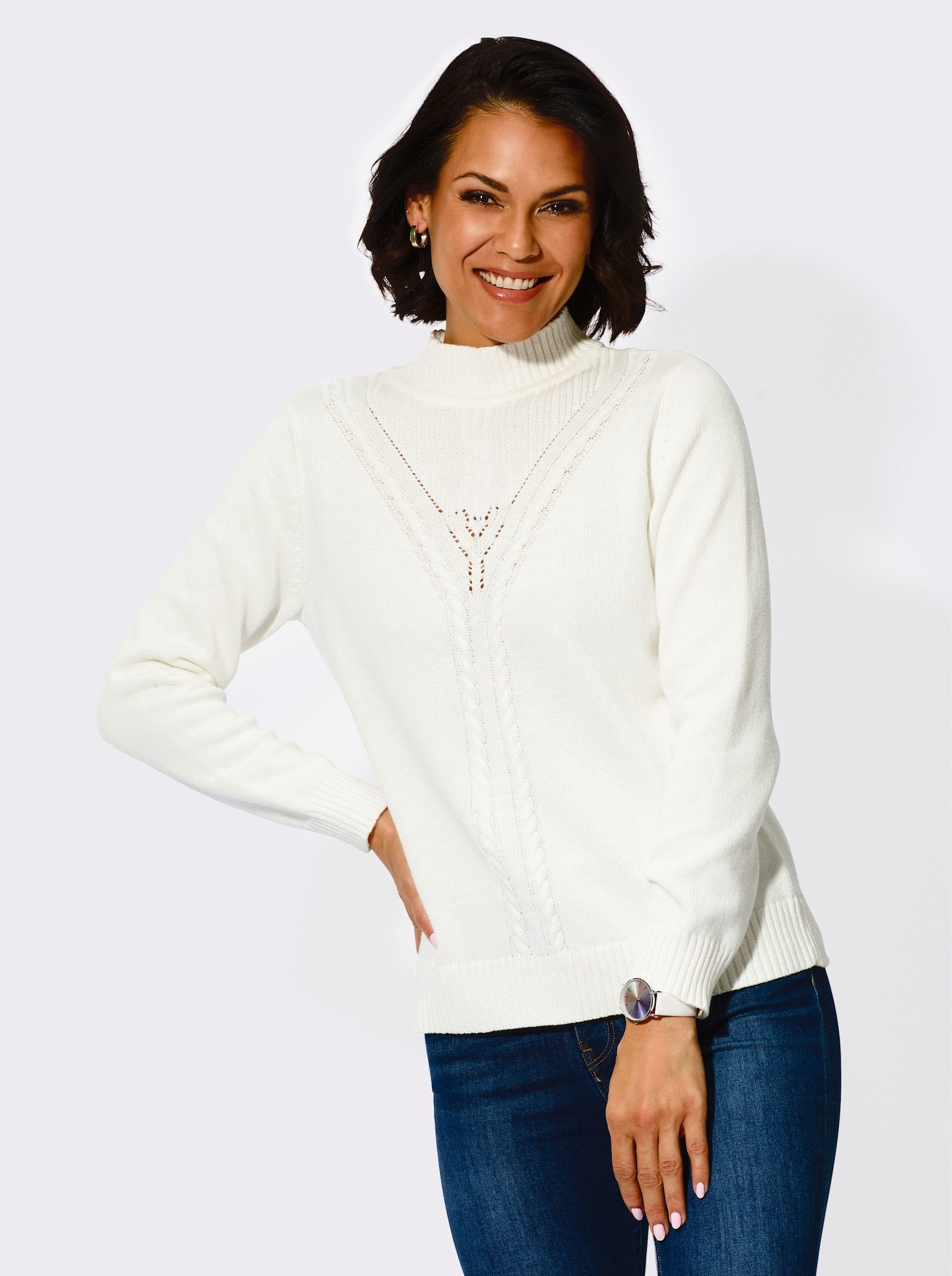 Pullover mit Strickmuster im Vorderteil - ecru