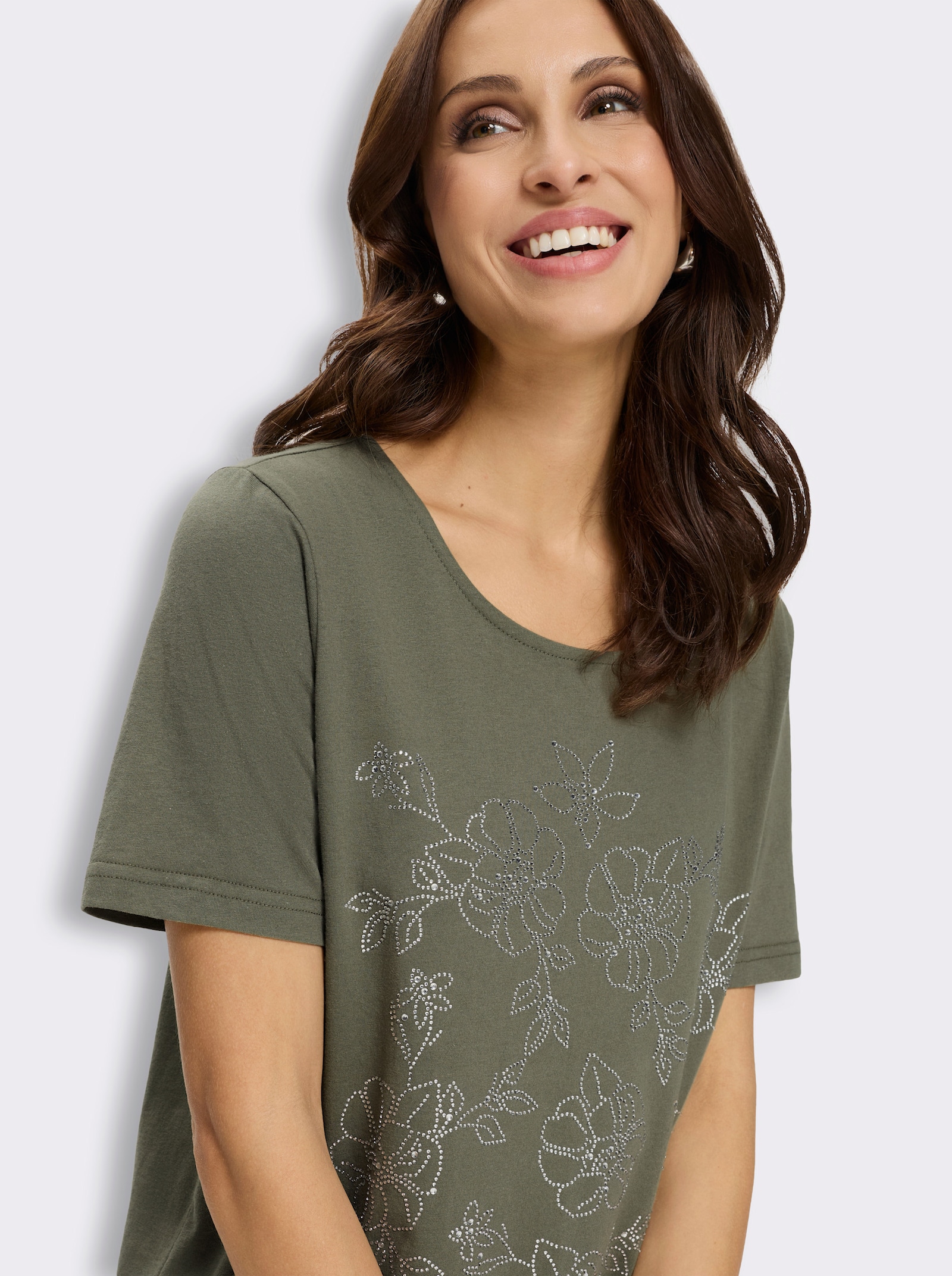 Rundhalsshirt mit Glitzersteinchen-Blüten - khaki