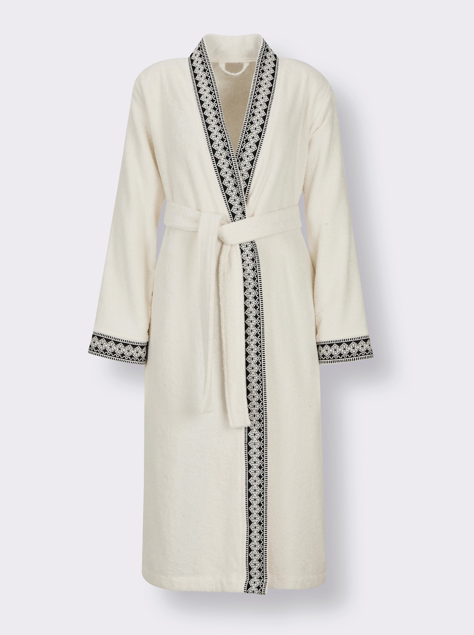 Plantier Bademantel mit Webblende - weiß-schwarz