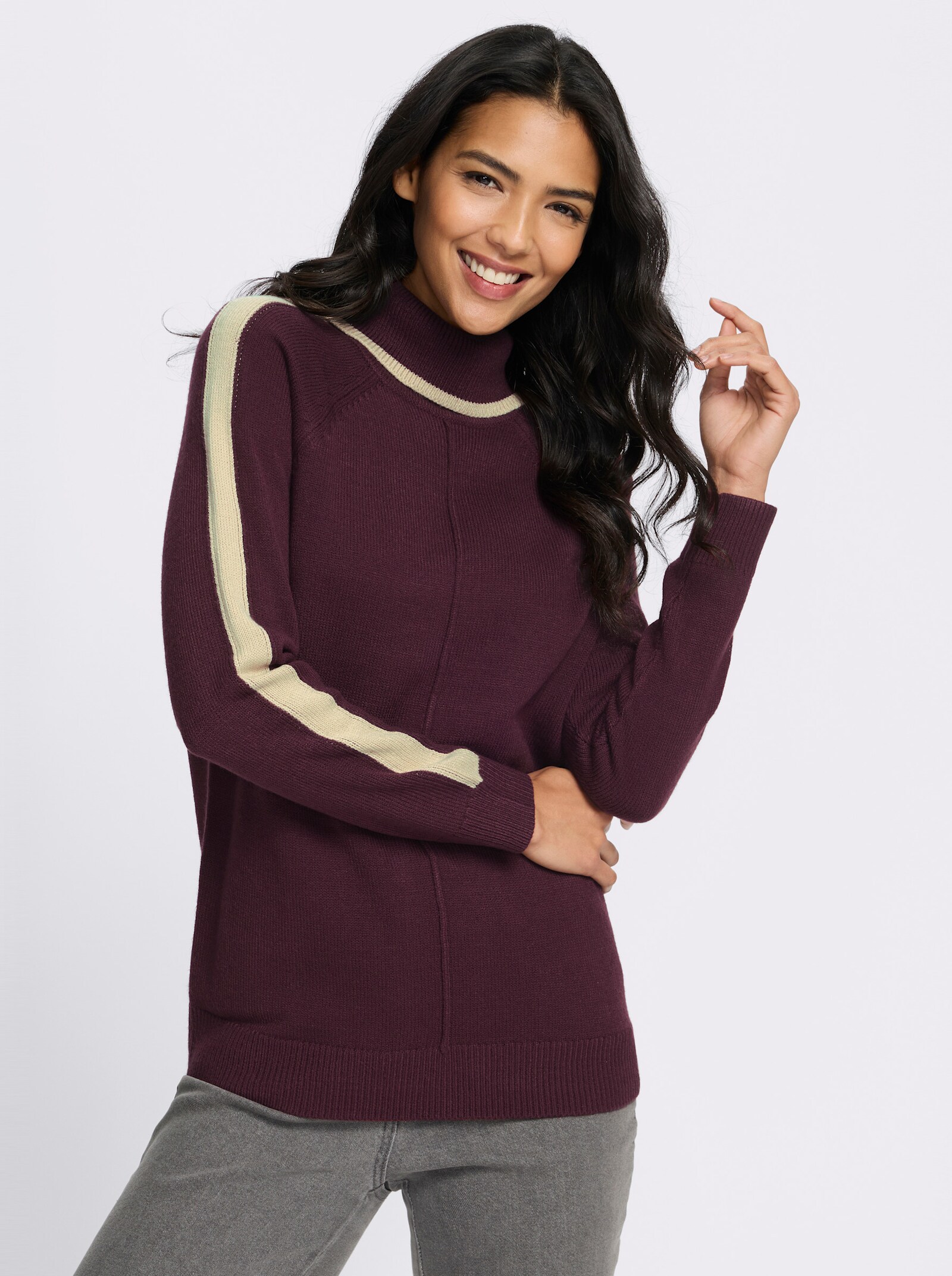 Rollkragenpullover mit Raglan-Ärmeln - burgund-beige