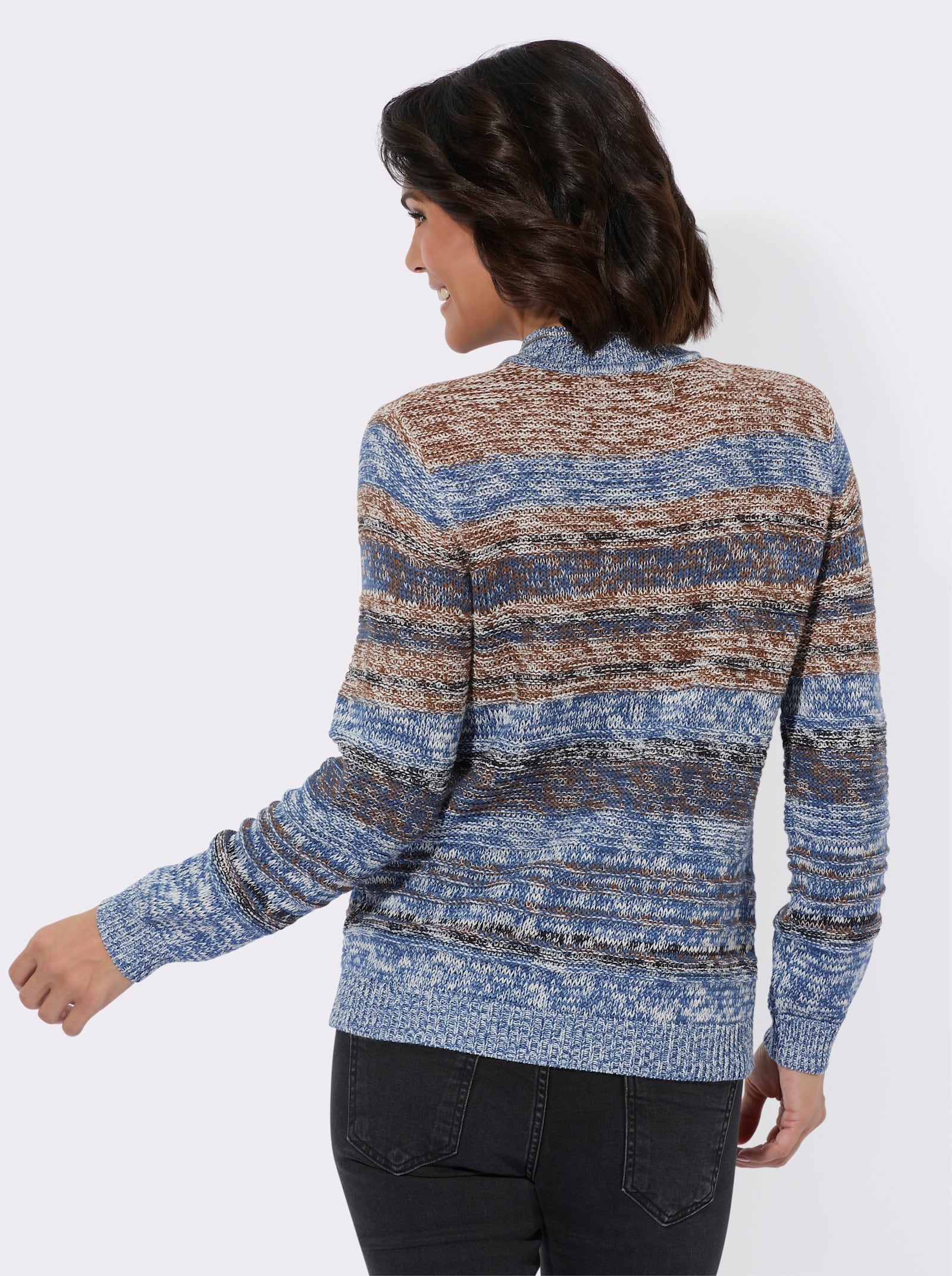 Langarm-Pullover mit Strickstruktur - jeansblau-braun-meliert
