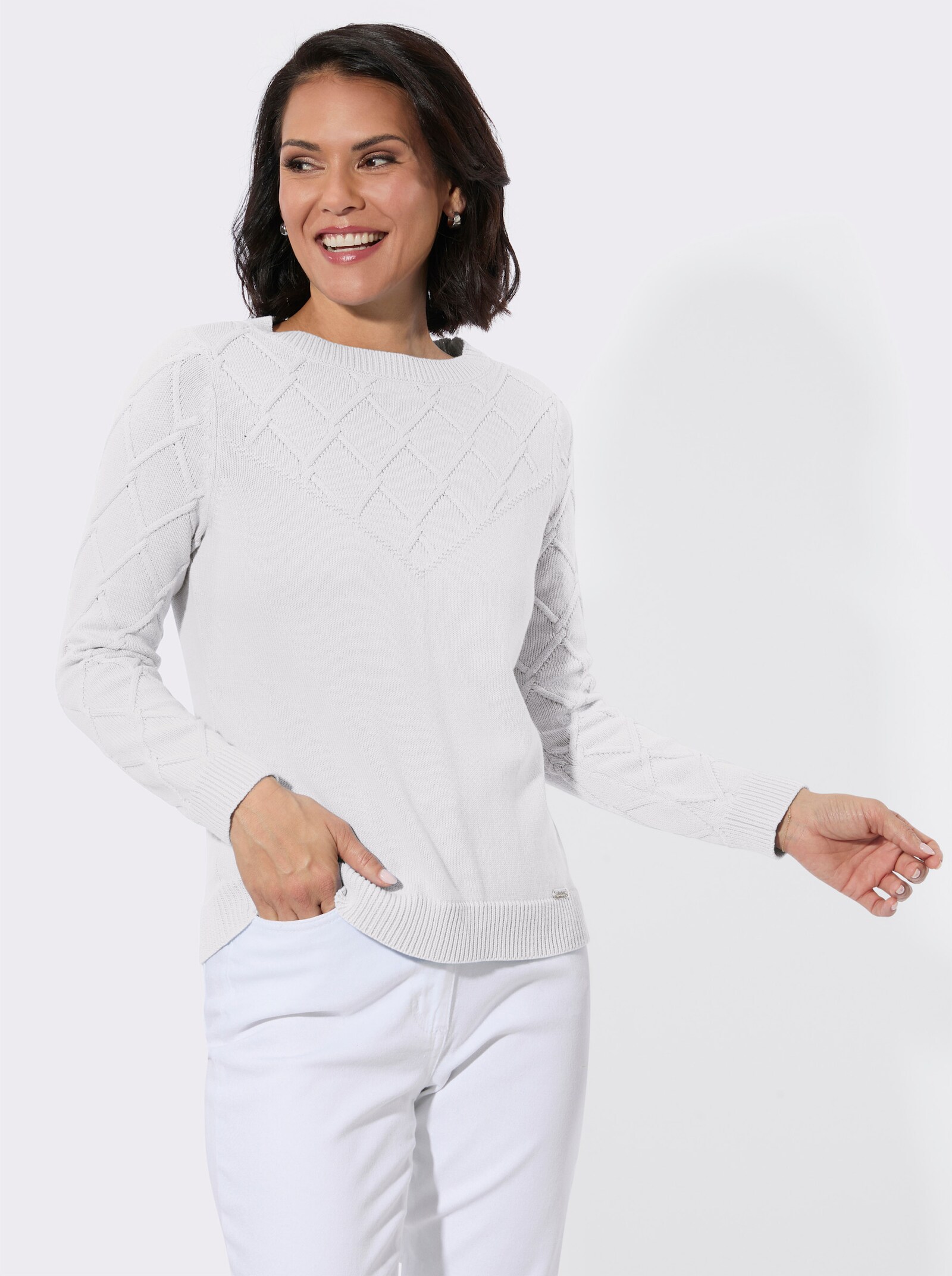 Baumwollpullover mit Rautenmuster - ecru