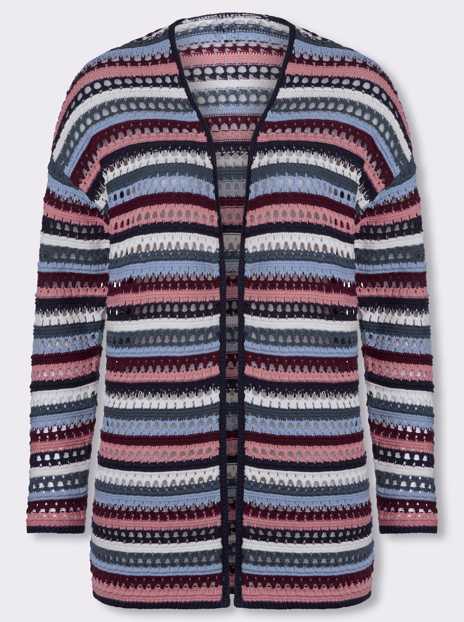Longstrickjacke in Ajour-Streifenmuster - fuchsia-rauchblau-geringelt