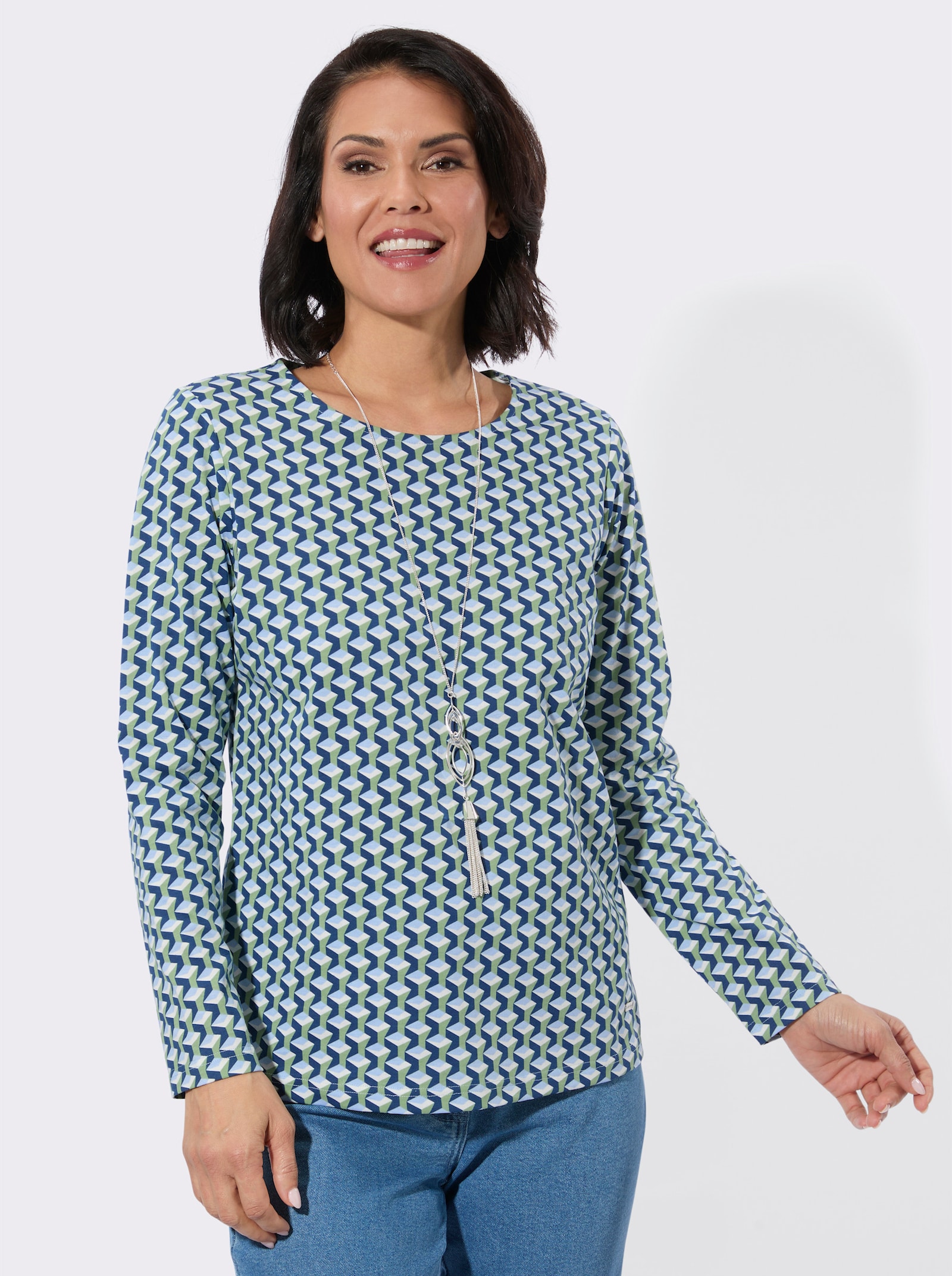 Rundhalsshirt im Minimal-Dessin - dunkelblau-eucalyptus-bedruckt