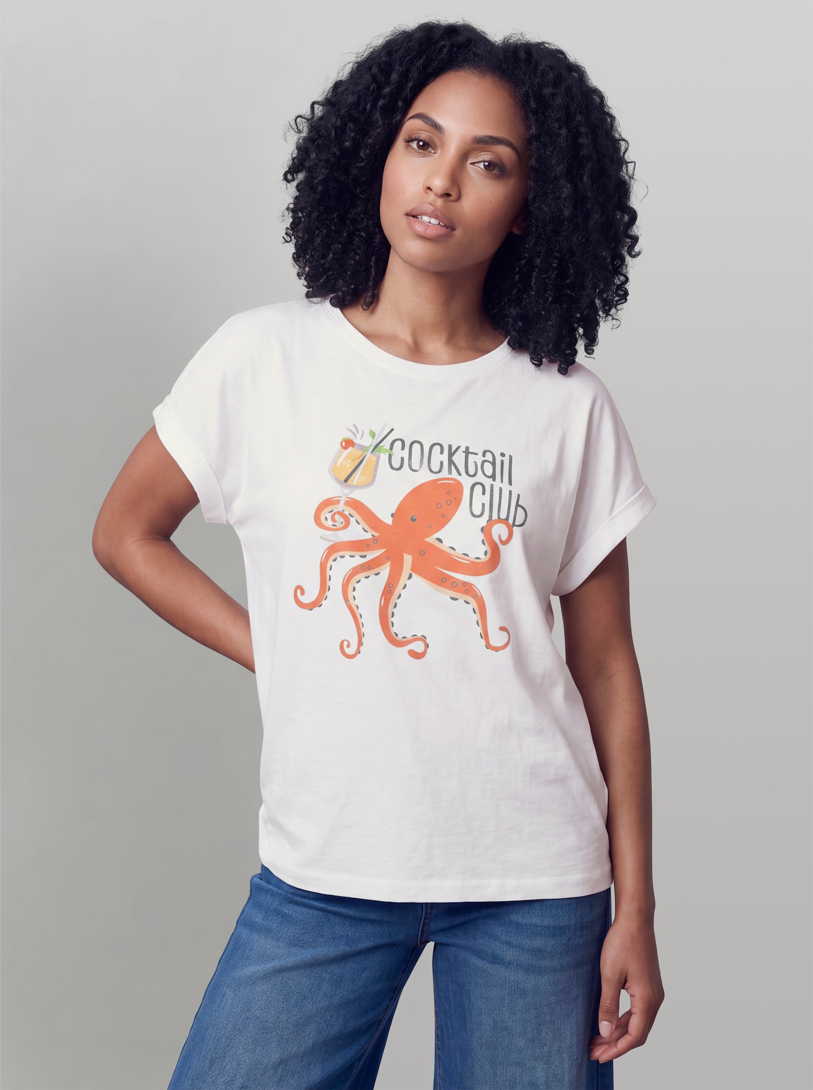heine Kurzarmshirt mit Kraken-Motiv - weiß-orange-bedruckt