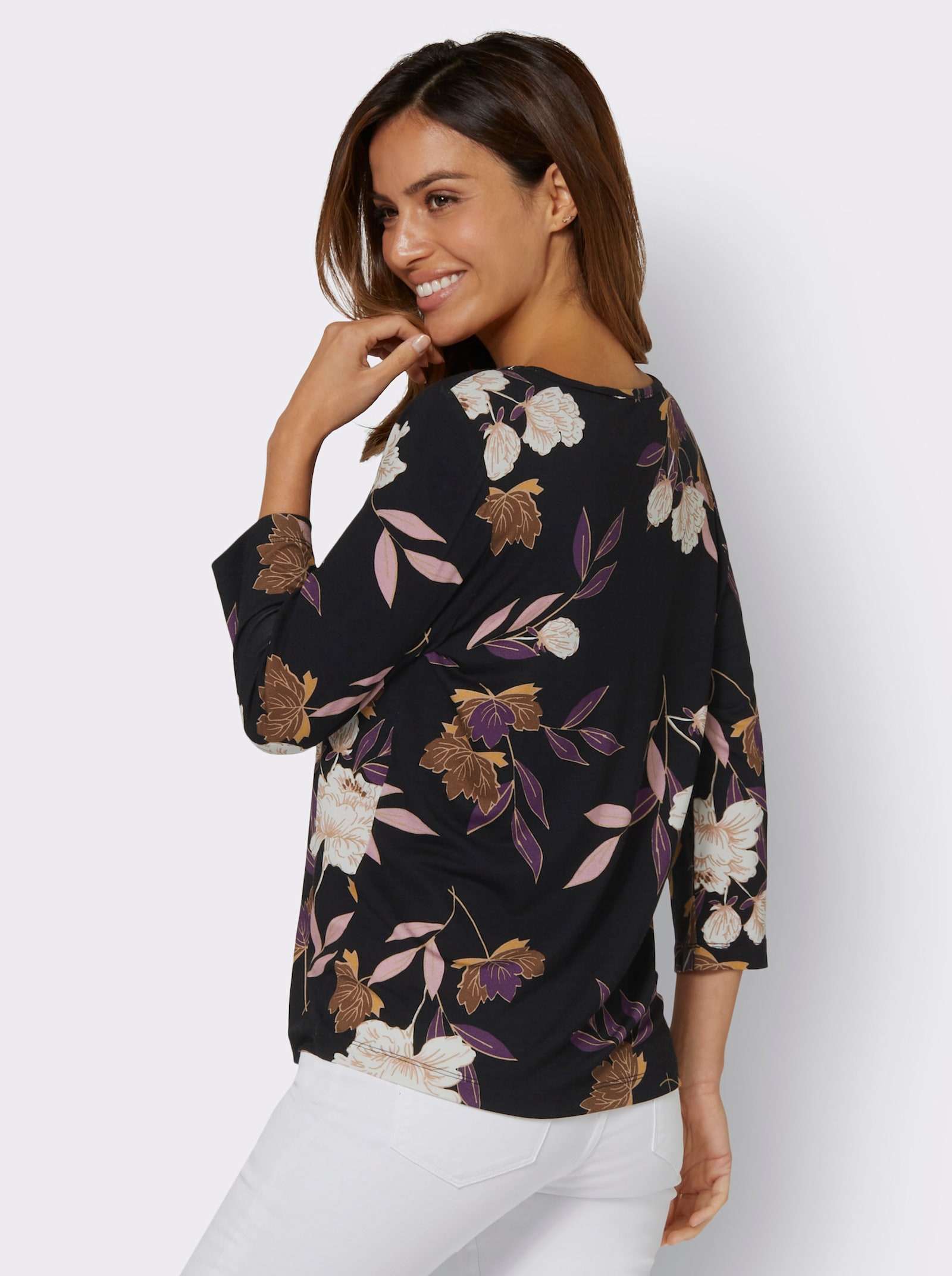 Print-Shirt mit floralem Muster - lila-ocker-bedruckt