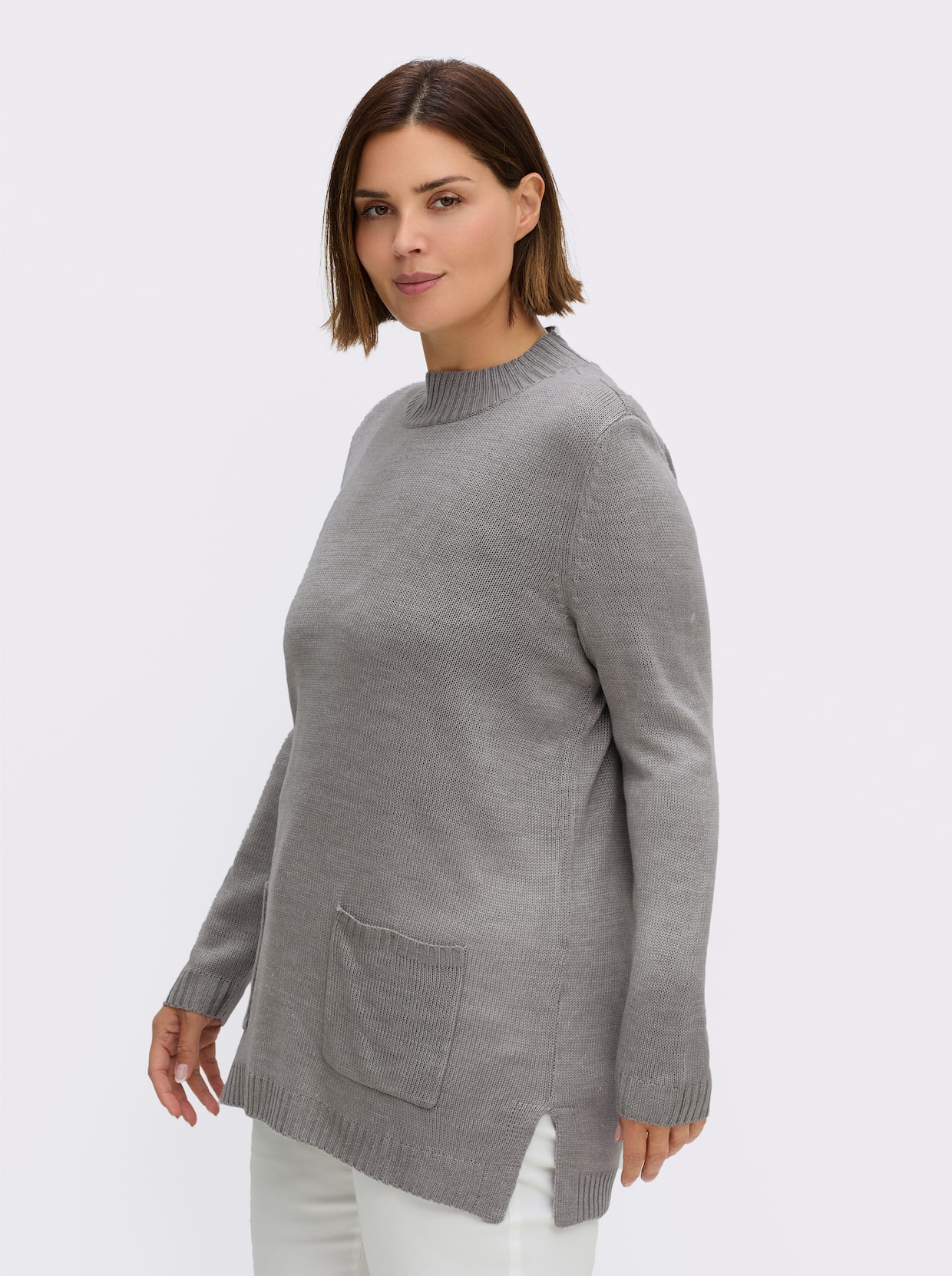 Longpullover mit Stehkragen - steingrau-meliert