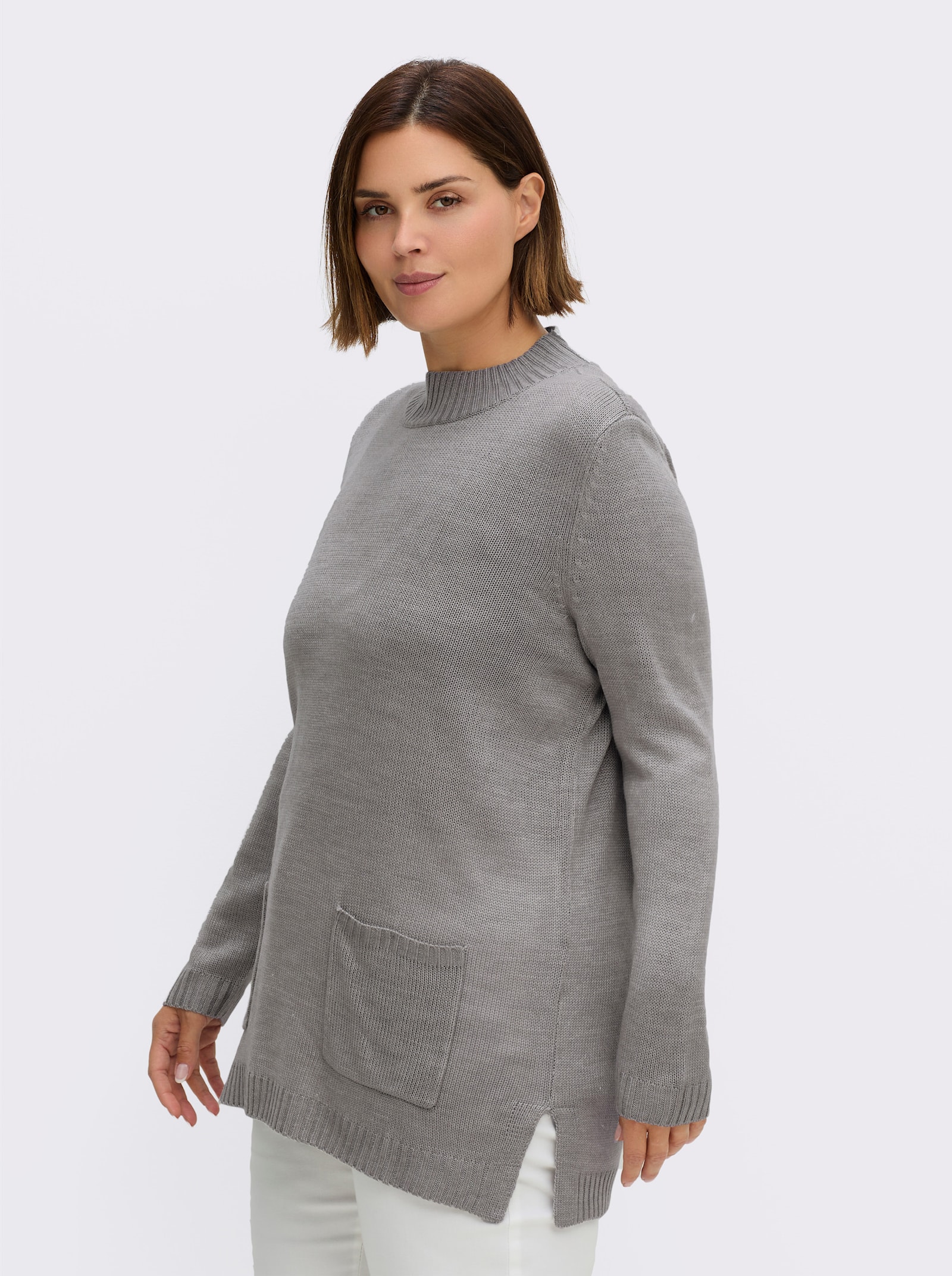 Longpullover mit Stehkragen - steingrau-meliert