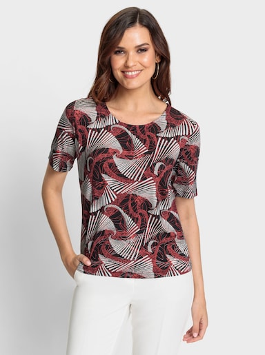 Kurzarmshirt in bewegungselastischer Qualität - schwarz-grapefruit-bedruckt