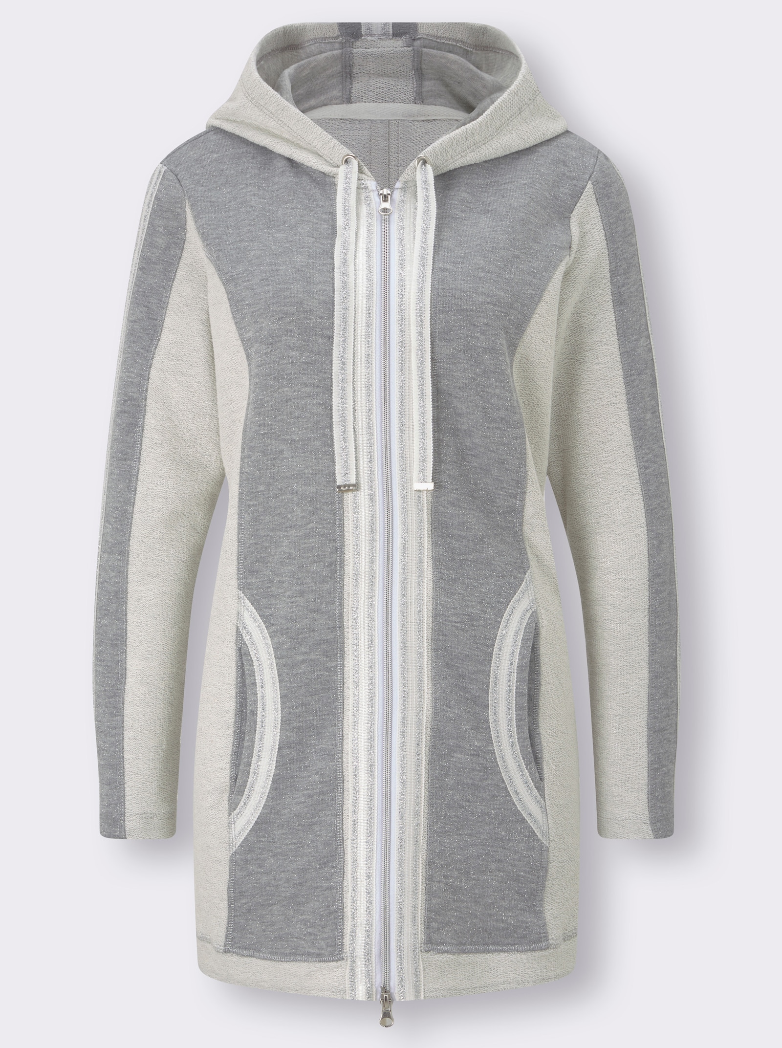 Shirtjacke in Longform - steingrau-ecru-gemustert